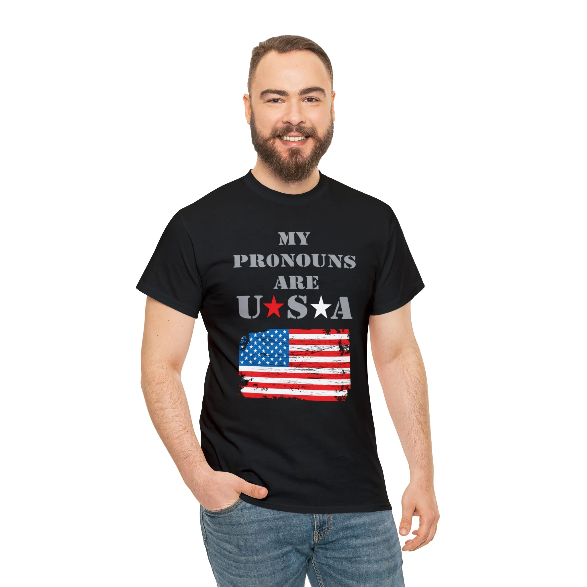 "My Pronouns are USA" in a super comfy heavy cotton t-shirt