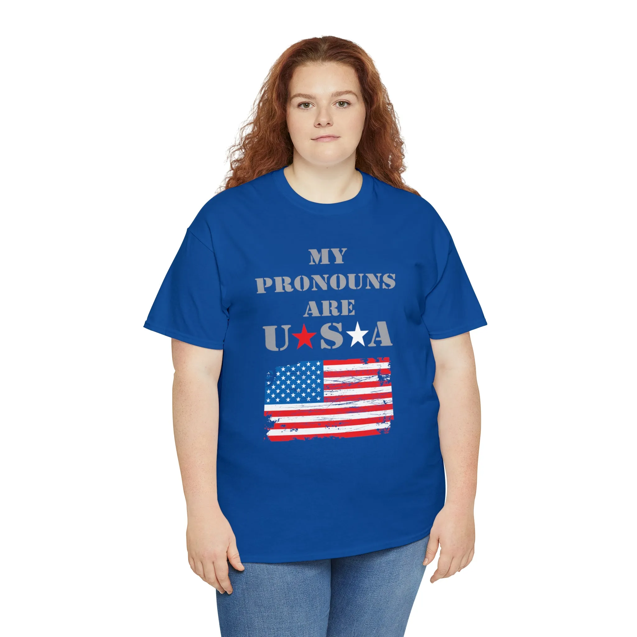 "My Pronouns are USA" in a super comfy heavy cotton t-shirt