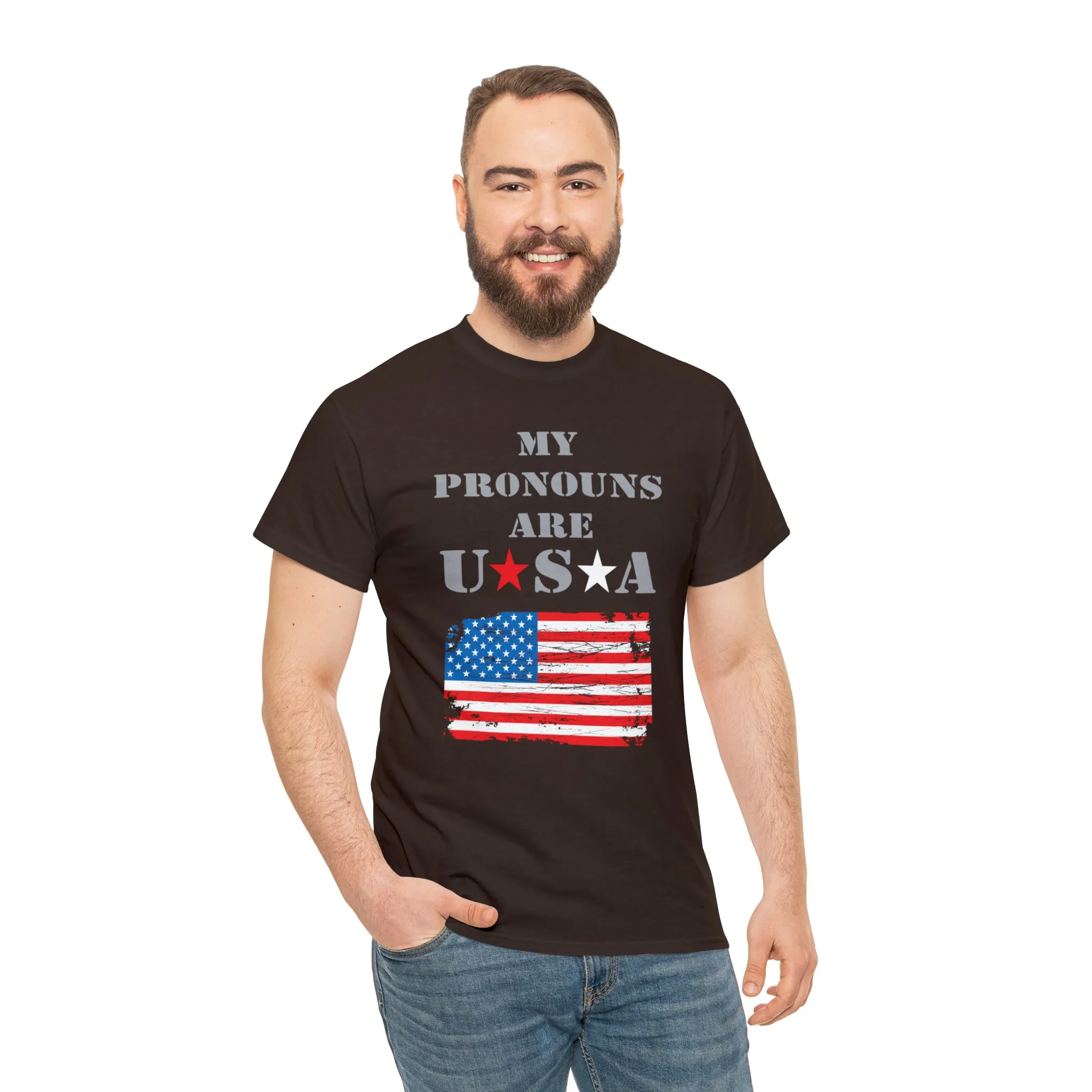 "My Pronouns are USA" in a super comfy heavy cotton t-shirt