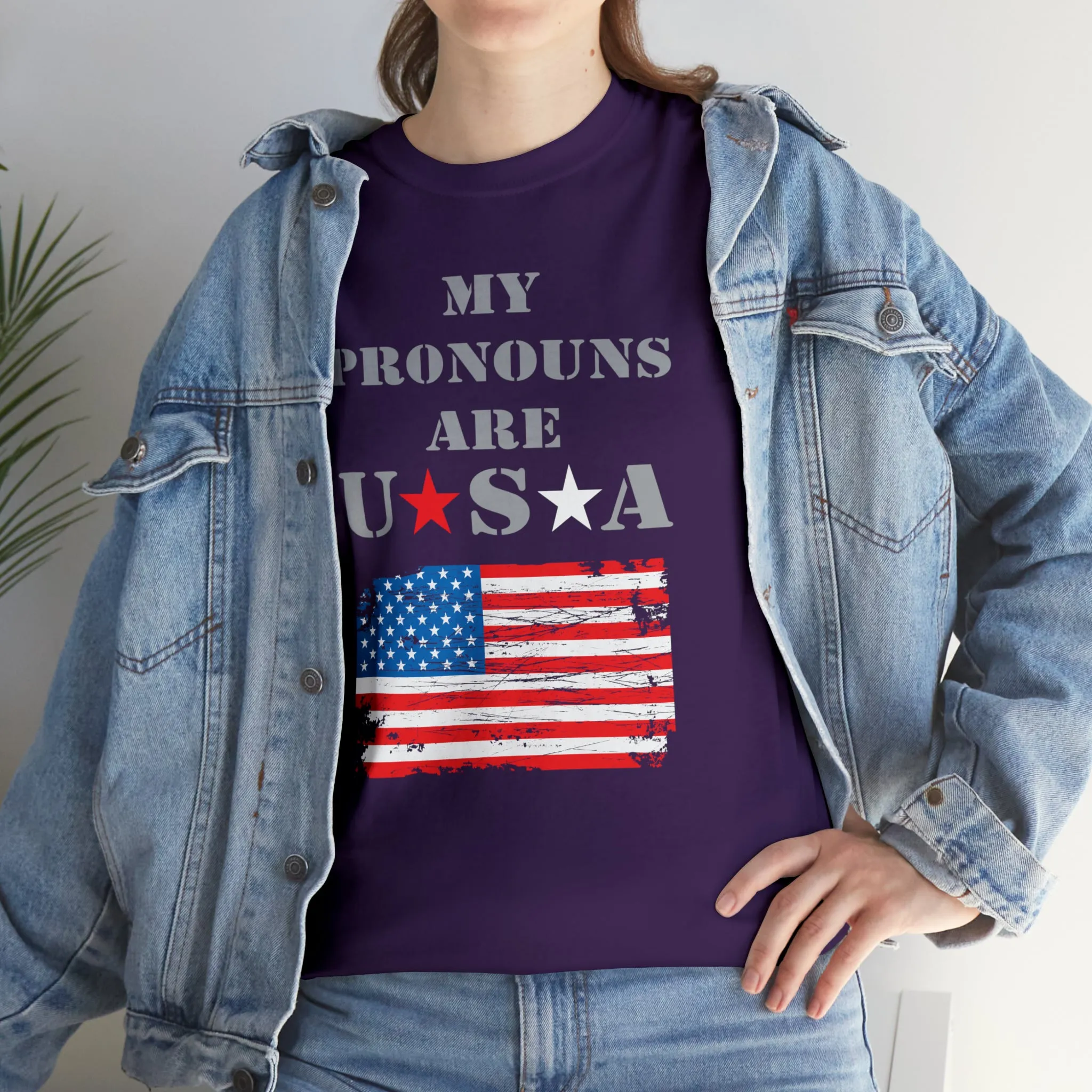 "My Pronouns are USA" in a super comfy heavy cotton t-shirt