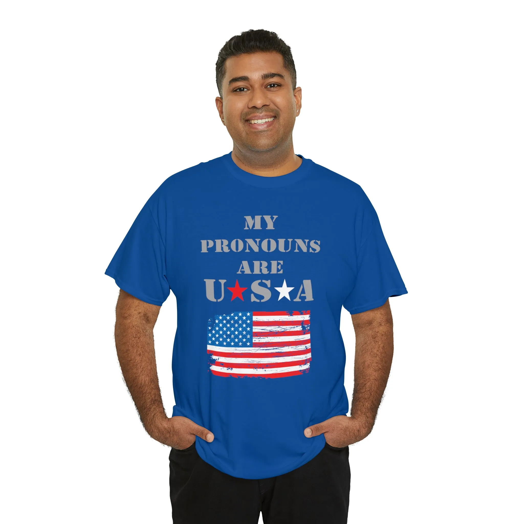 "My Pronouns are USA" in a super comfy heavy cotton t-shirt