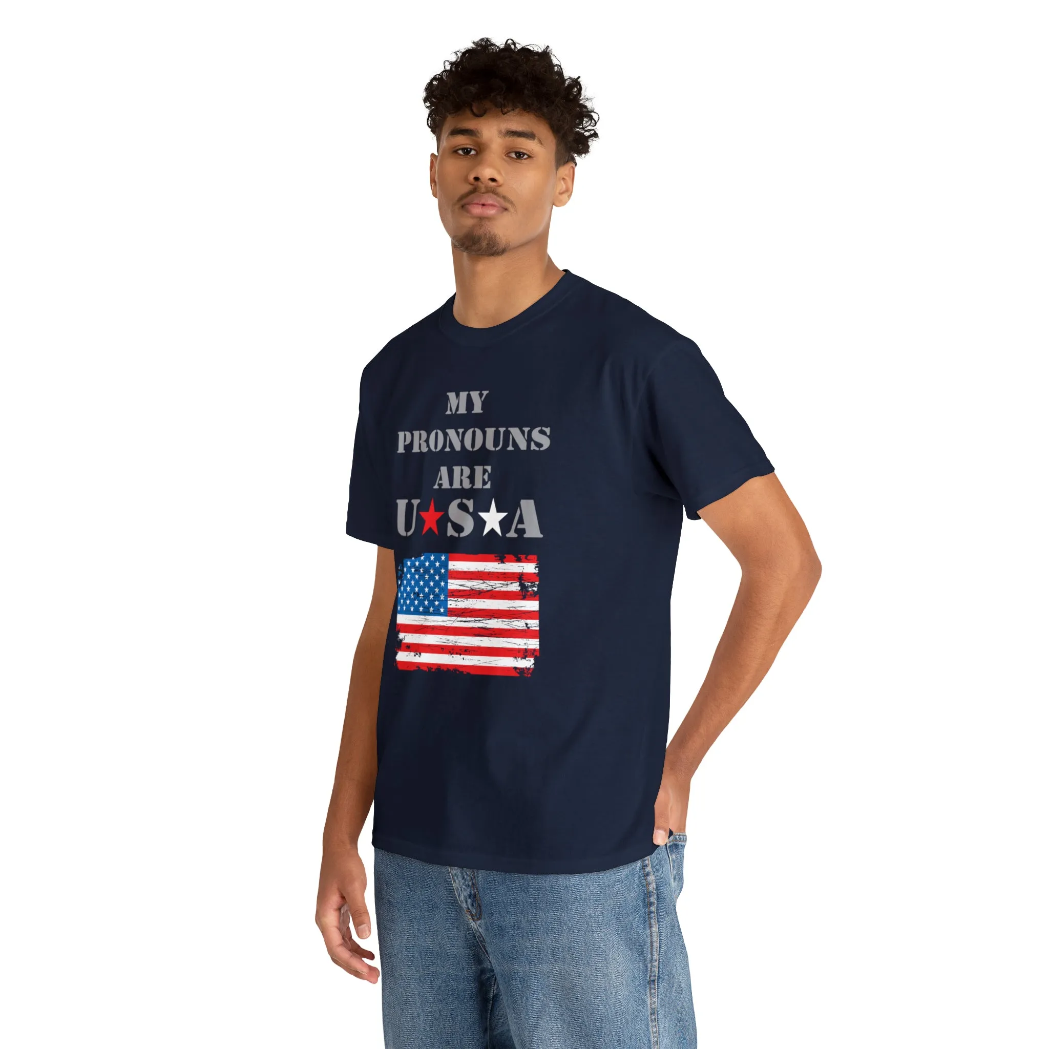 "My Pronouns are USA" in a super comfy heavy cotton t-shirt