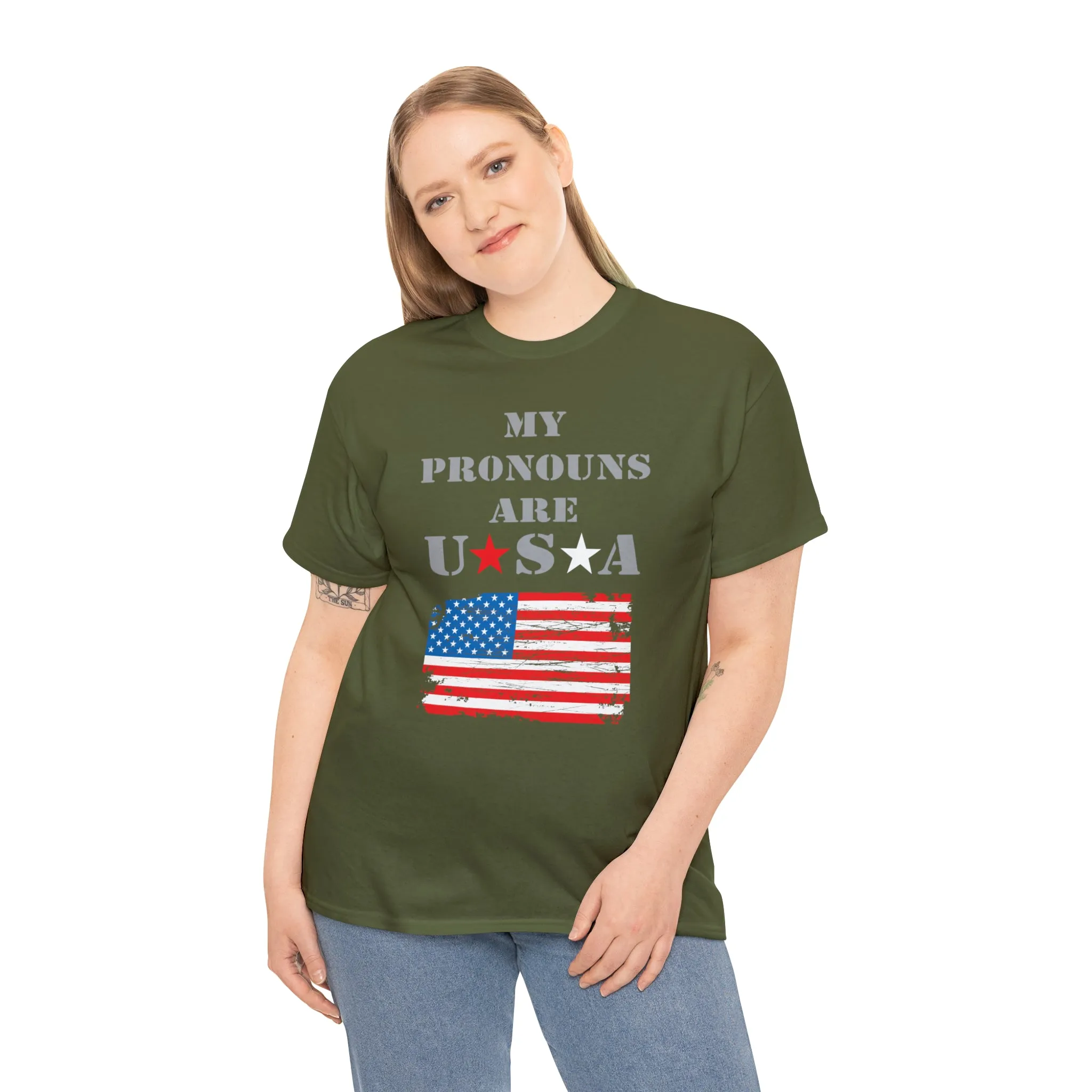 "My Pronouns are USA" in a super comfy heavy cotton t-shirt