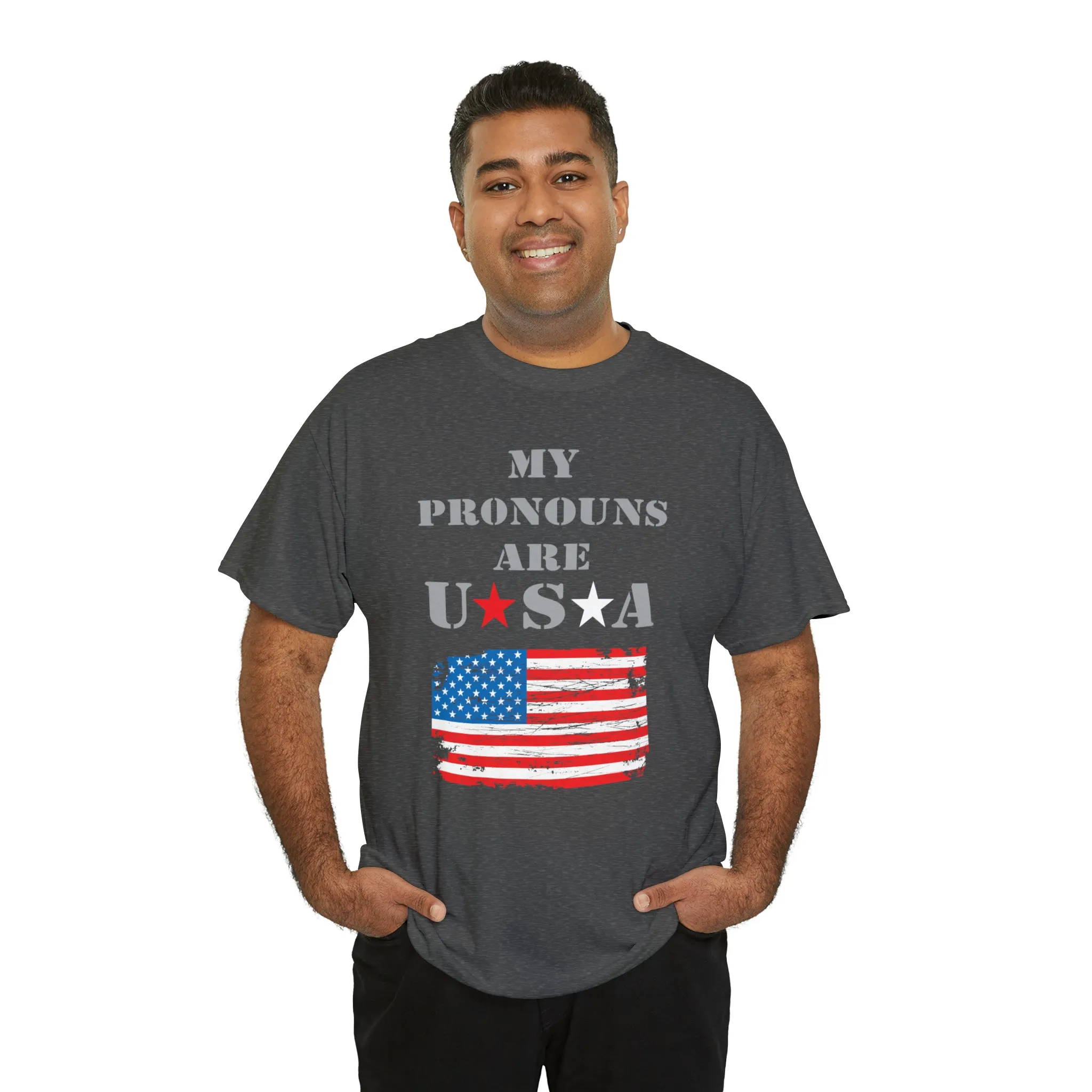 "My Pronouns are USA" in a super comfy heavy cotton t-shirt