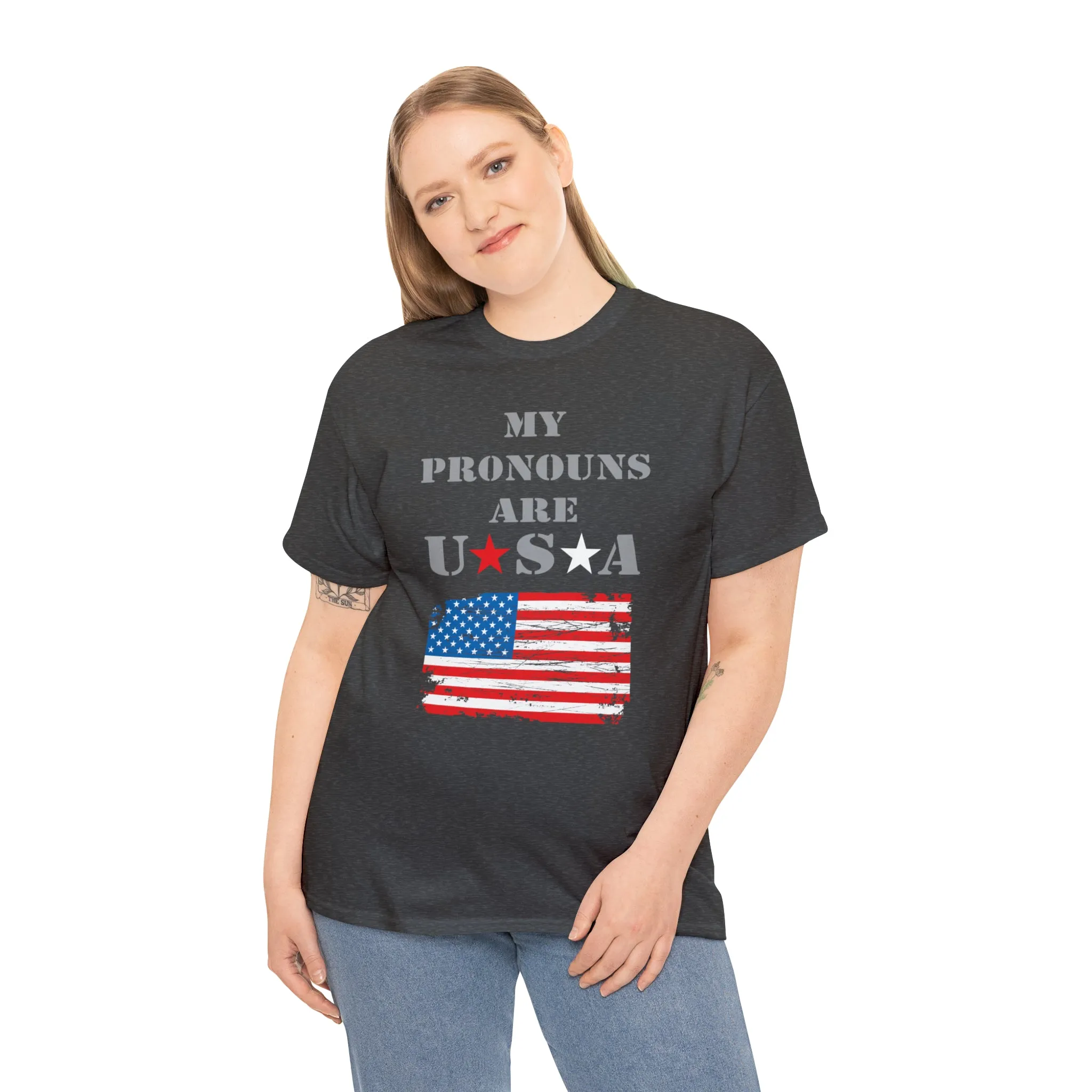 "My Pronouns are USA" in a super comfy heavy cotton t-shirt