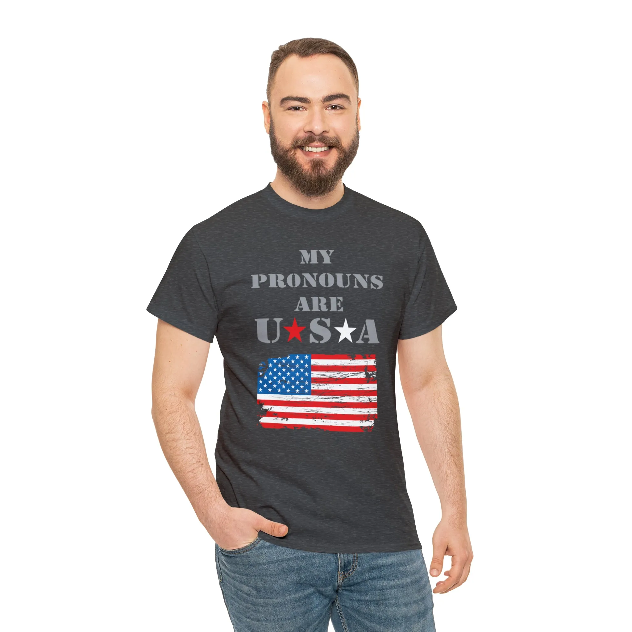 "My Pronouns are USA" in a super comfy heavy cotton t-shirt