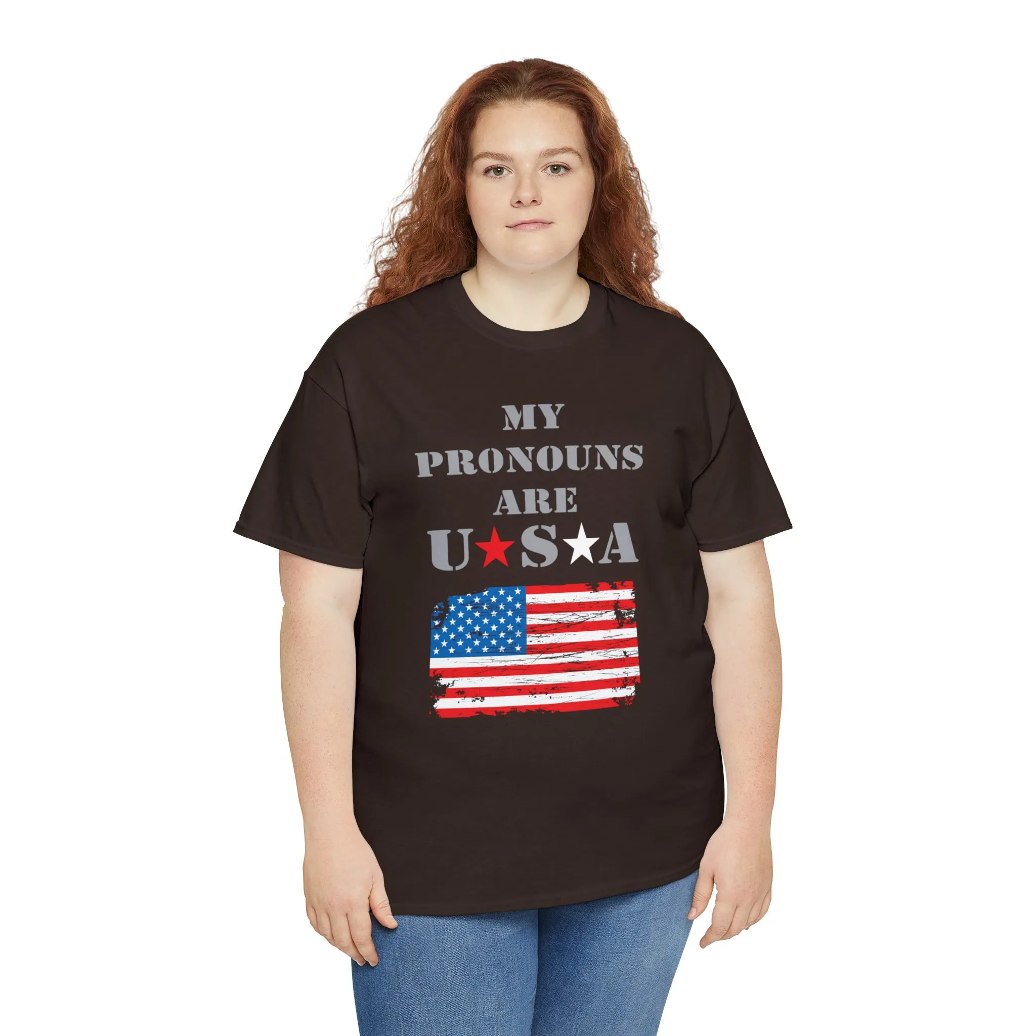 "My Pronouns are USA" in a super comfy heavy cotton t-shirt