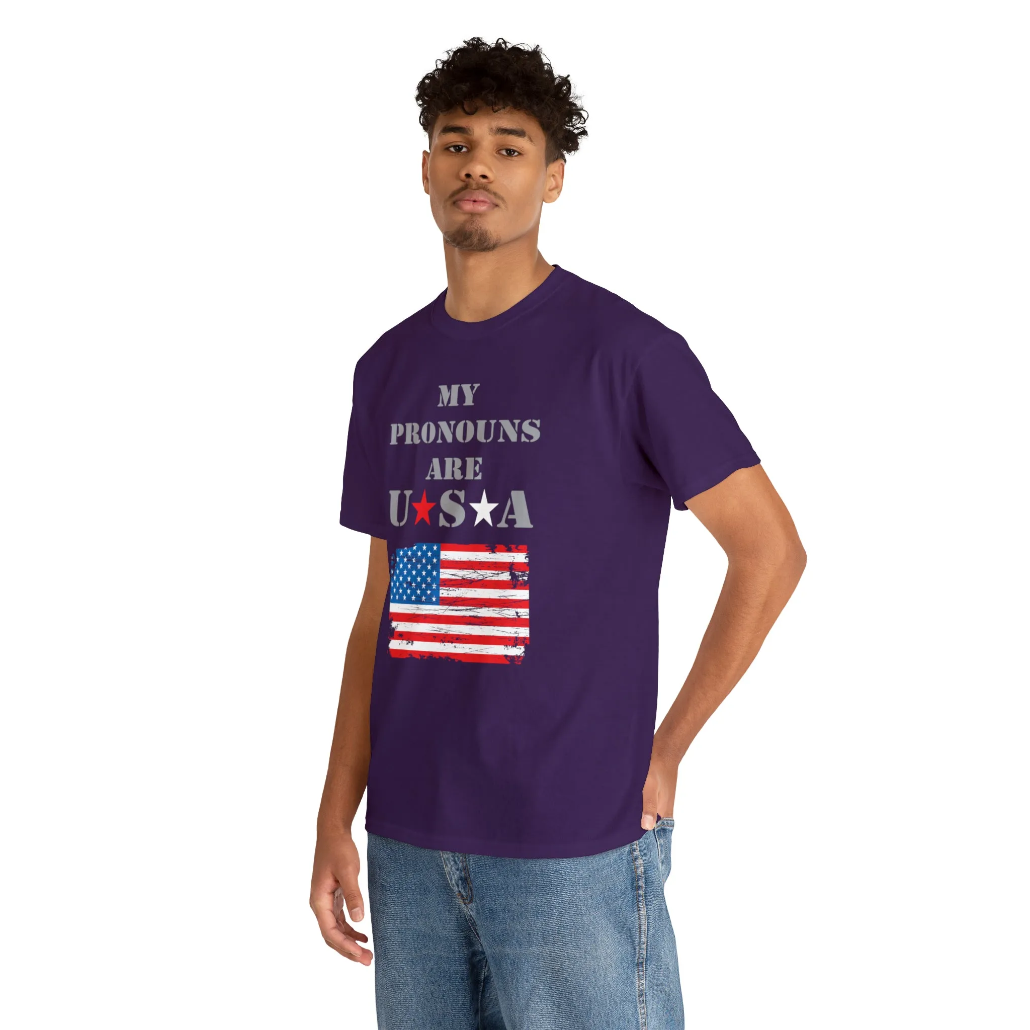 "My Pronouns are USA" in a super comfy heavy cotton t-shirt