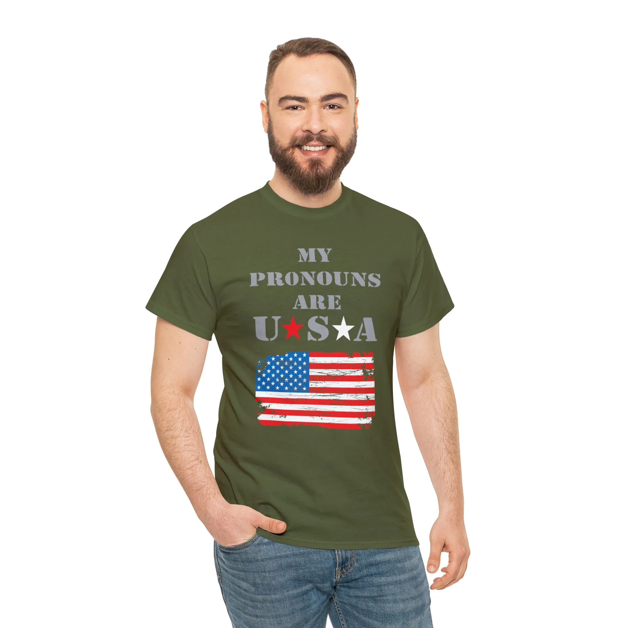 "My Pronouns are USA" in a super comfy heavy cotton t-shirt