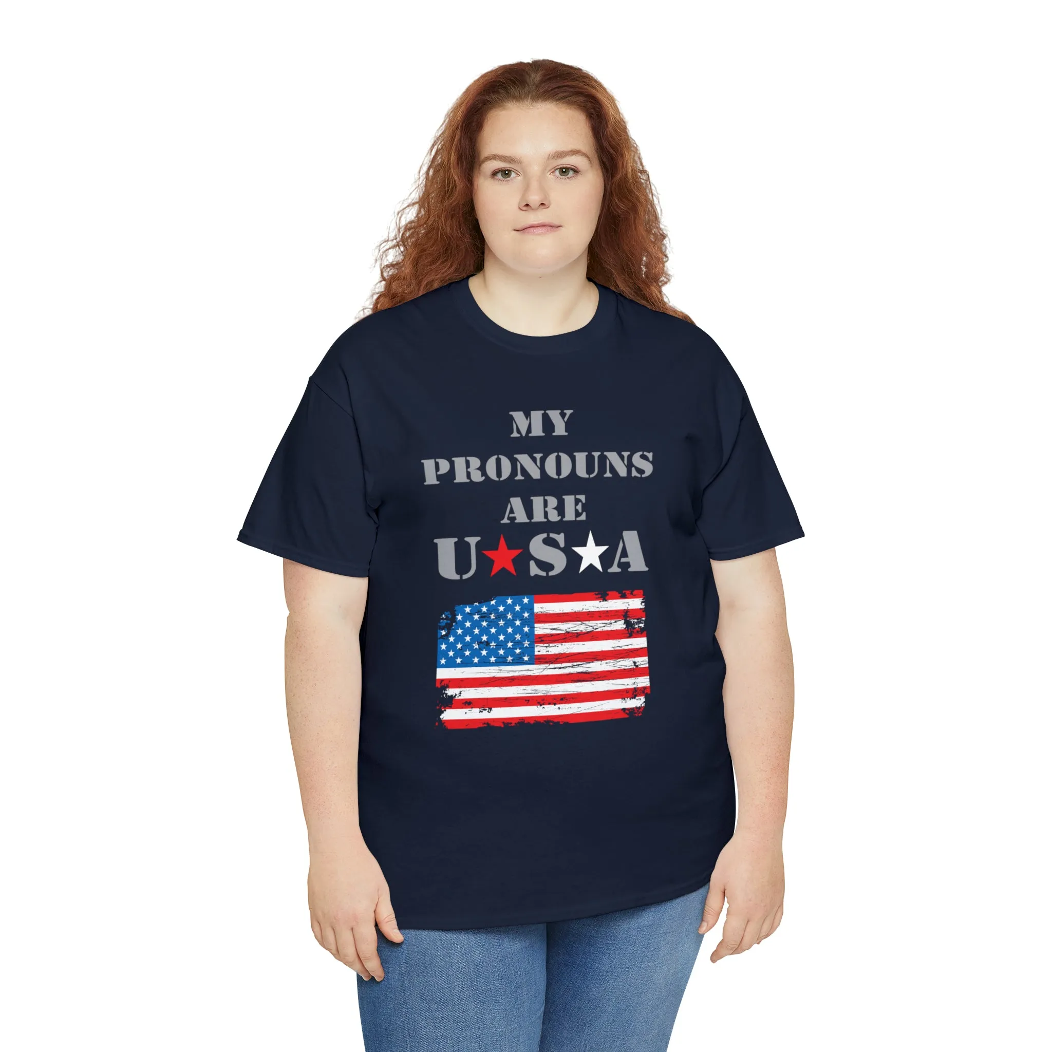 "My Pronouns are USA" in a super comfy heavy cotton t-shirt