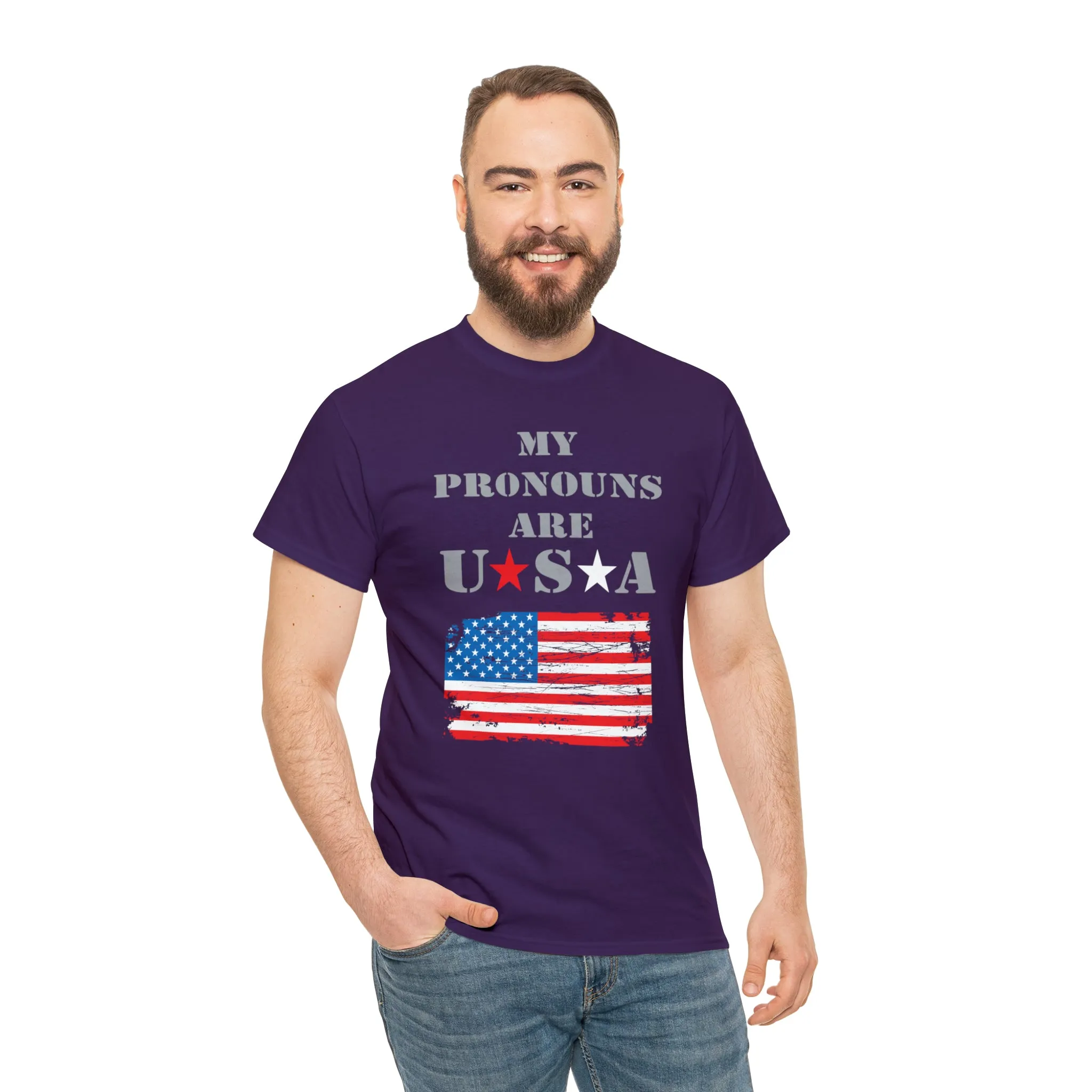 "My Pronouns are USA" in a super comfy heavy cotton t-shirt