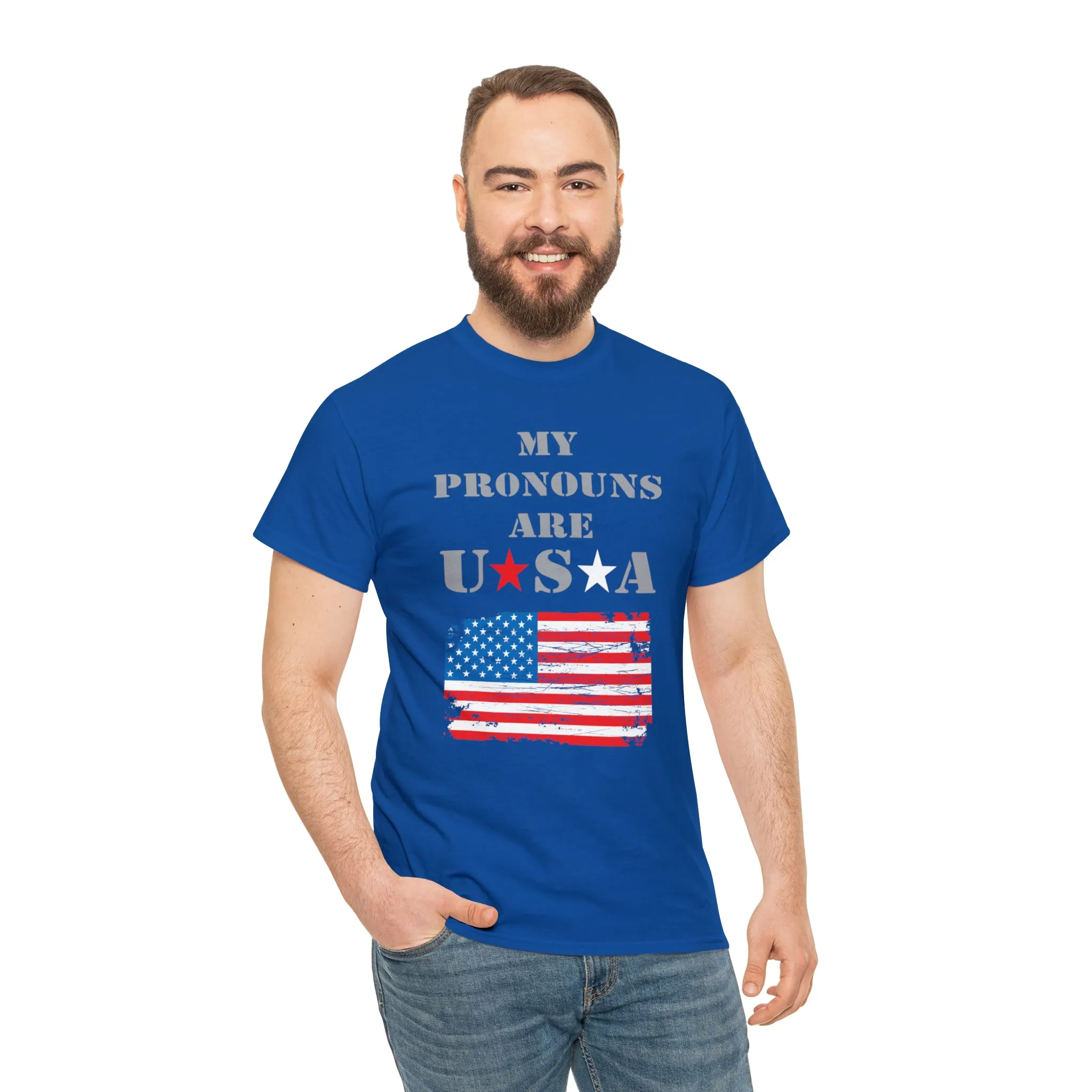 "My Pronouns are USA" in a super comfy heavy cotton t-shirt