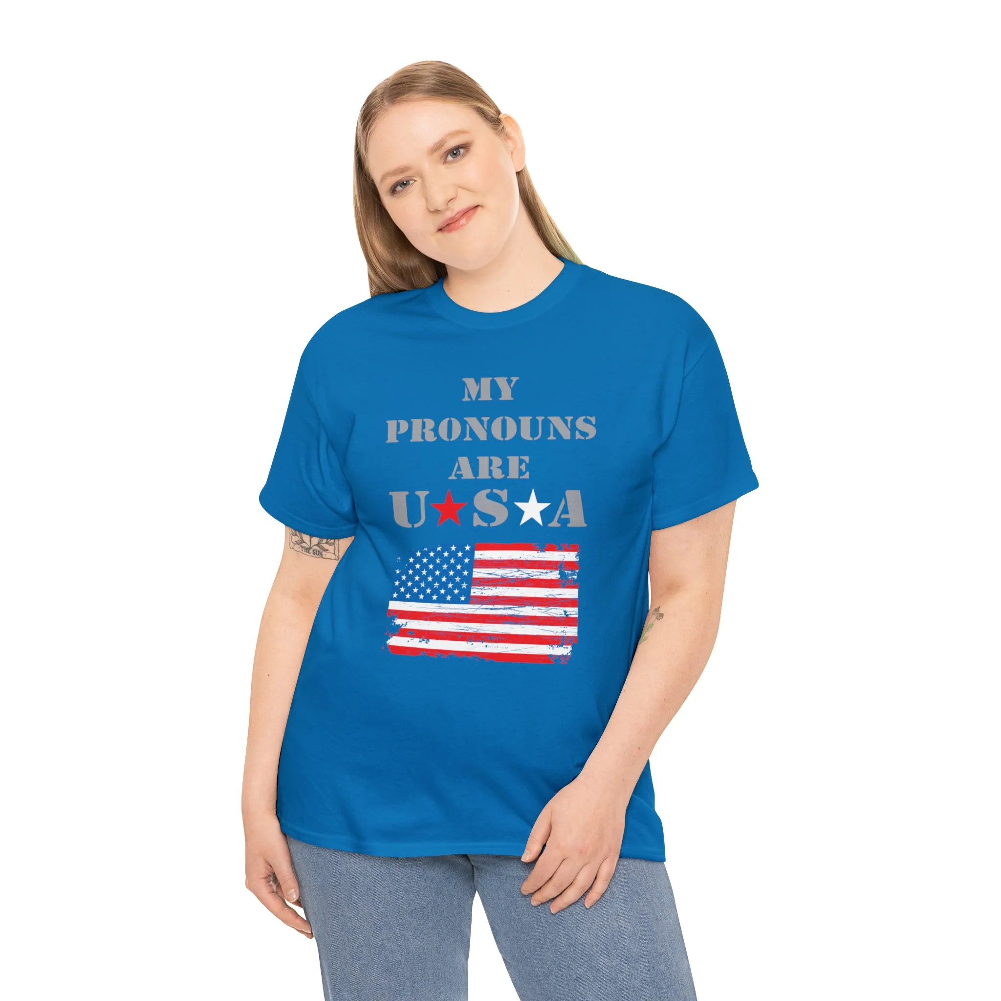 "My Pronouns are USA" in a super comfy heavy cotton t-shirt