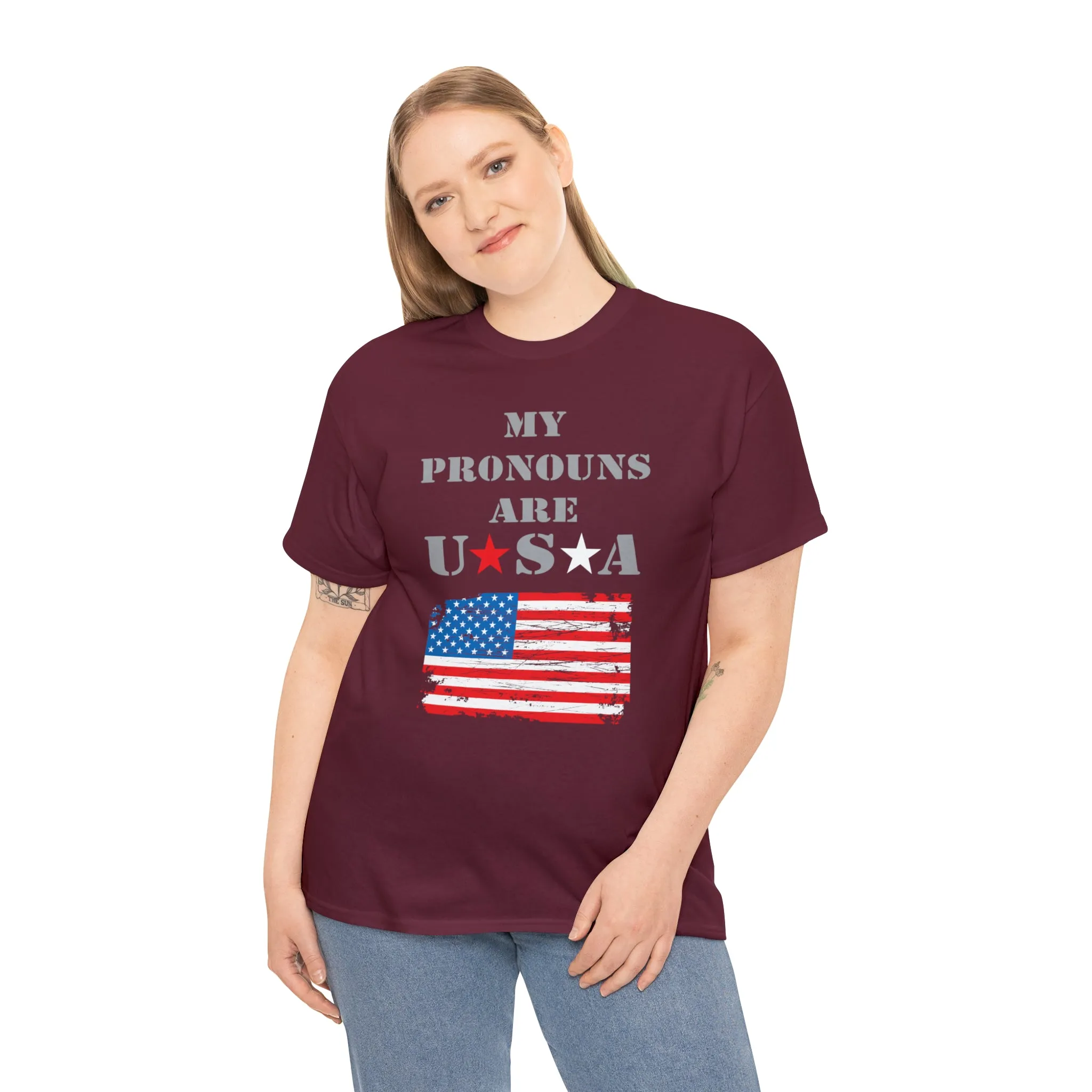"My Pronouns are USA" in a super comfy heavy cotton t-shirt
