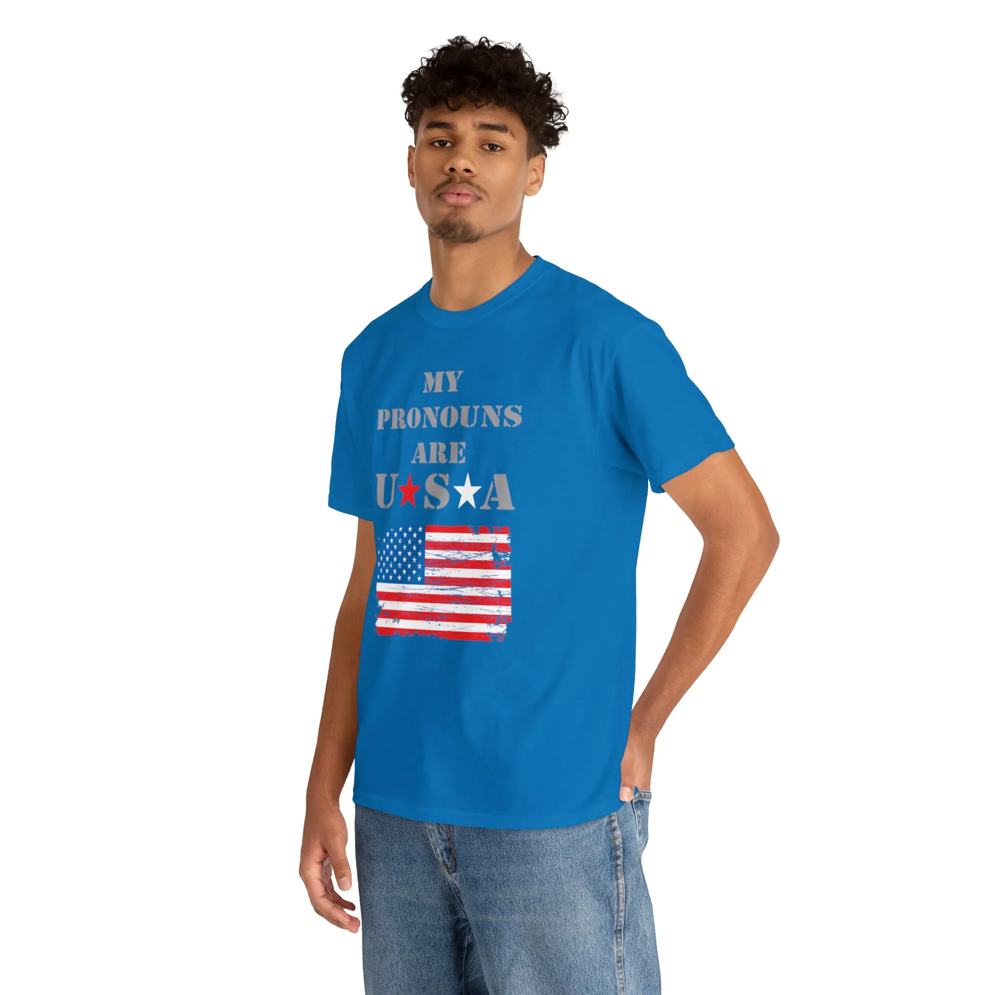 "My Pronouns are USA" in a super comfy heavy cotton t-shirt