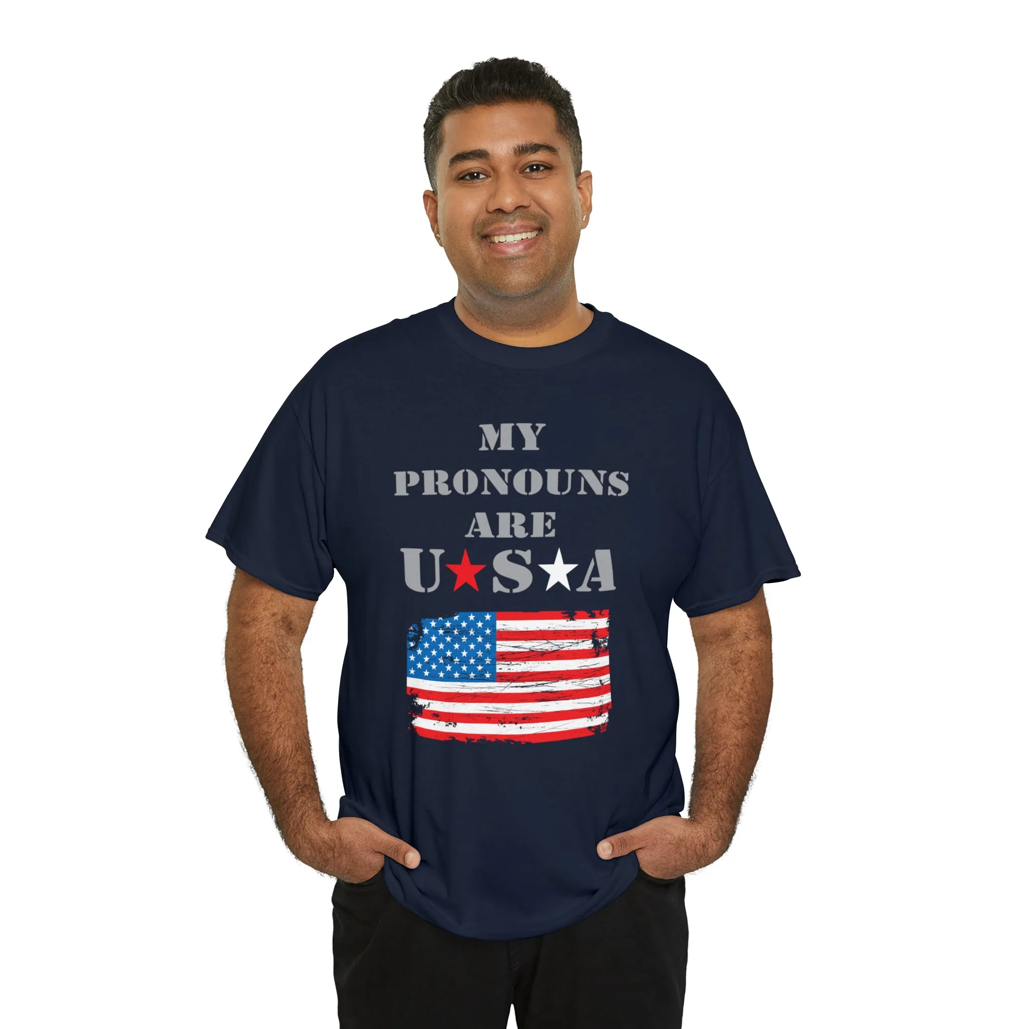 "My Pronouns are USA" in a super comfy heavy cotton t-shirt