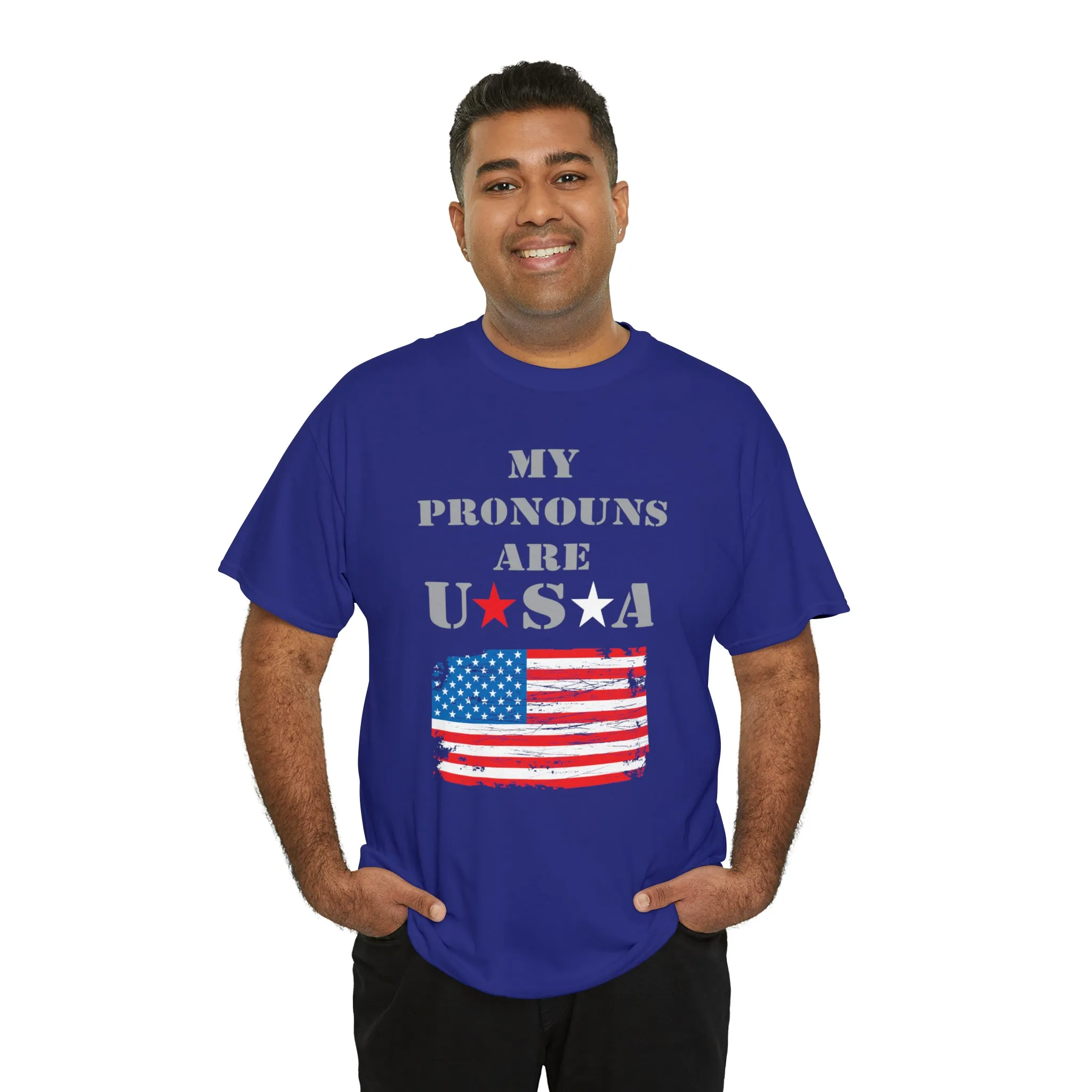 "My Pronouns are USA" in a super comfy heavy cotton t-shirt