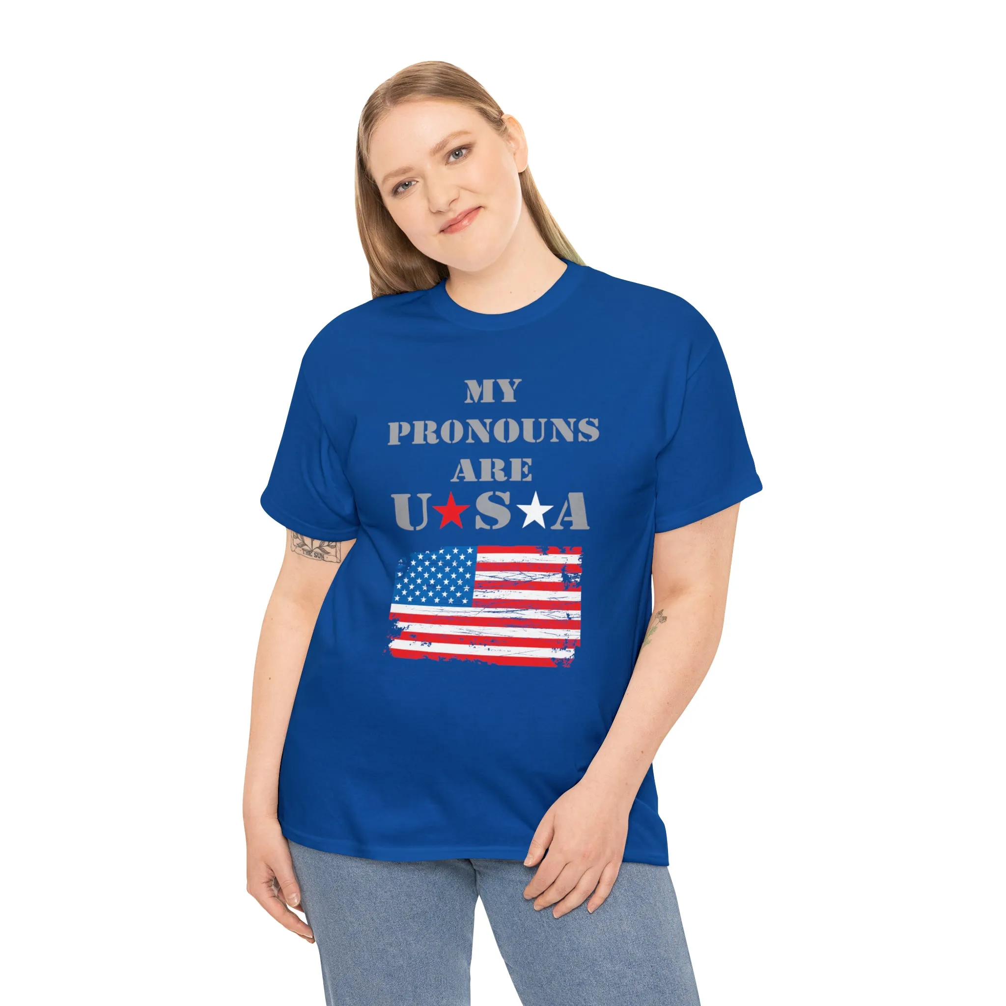 "My Pronouns are USA" in a super comfy heavy cotton t-shirt