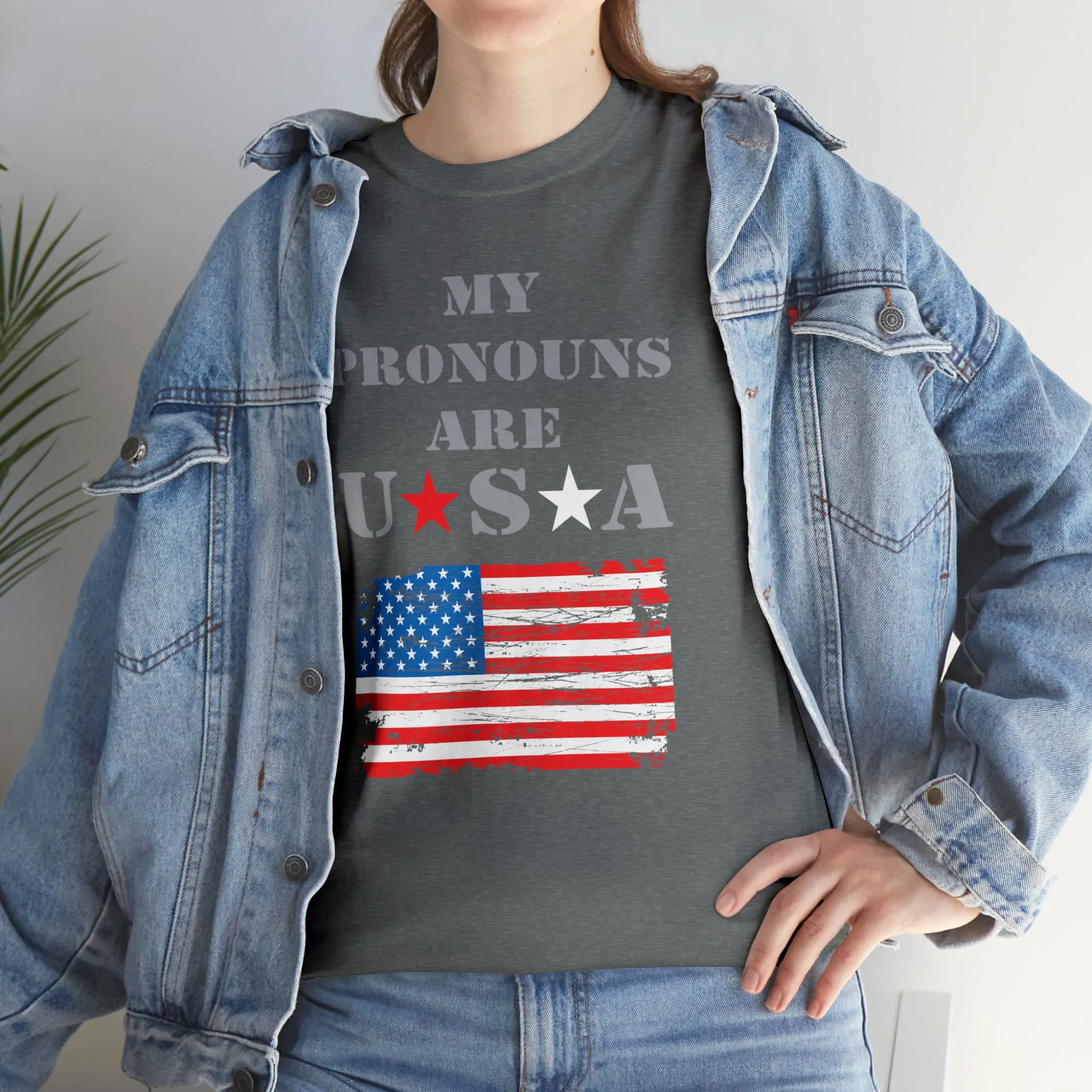 "My Pronouns are USA" in a super comfy heavy cotton t-shirt