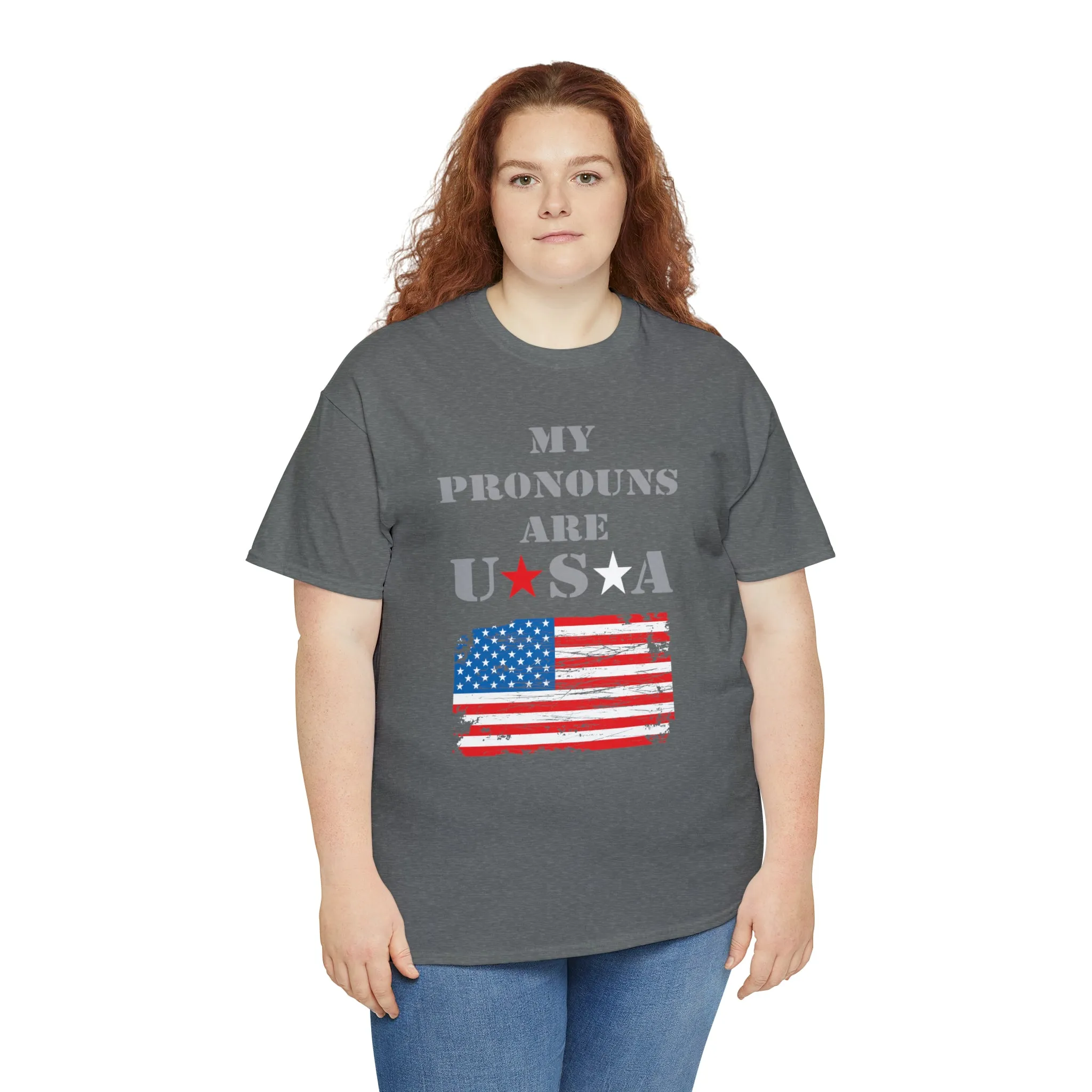 "My Pronouns are USA" in a super comfy heavy cotton t-shirt
