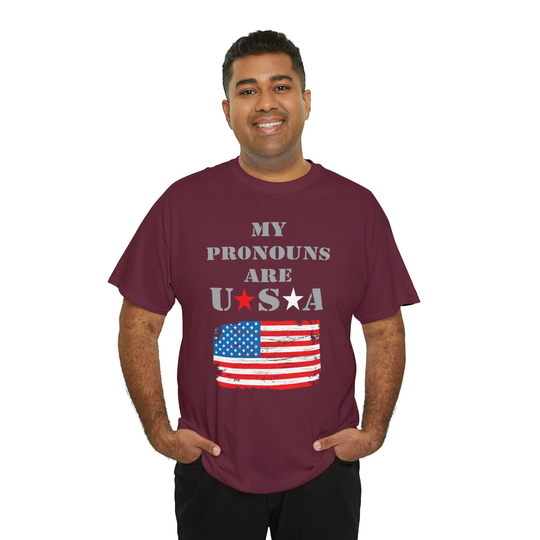 "My Pronouns are USA" in a super comfy heavy cotton t-shirt