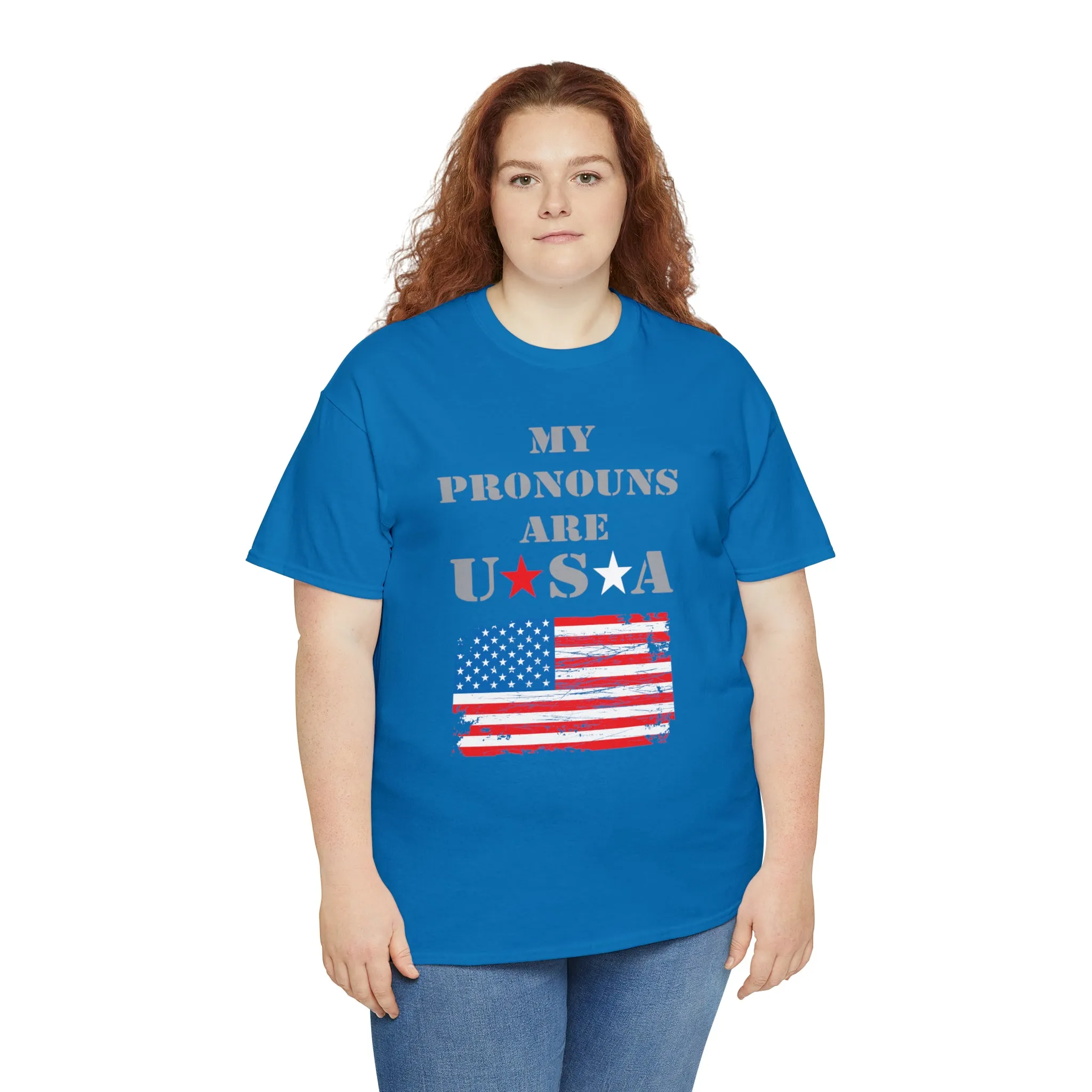 "My Pronouns are USA" in a super comfy heavy cotton t-shirt