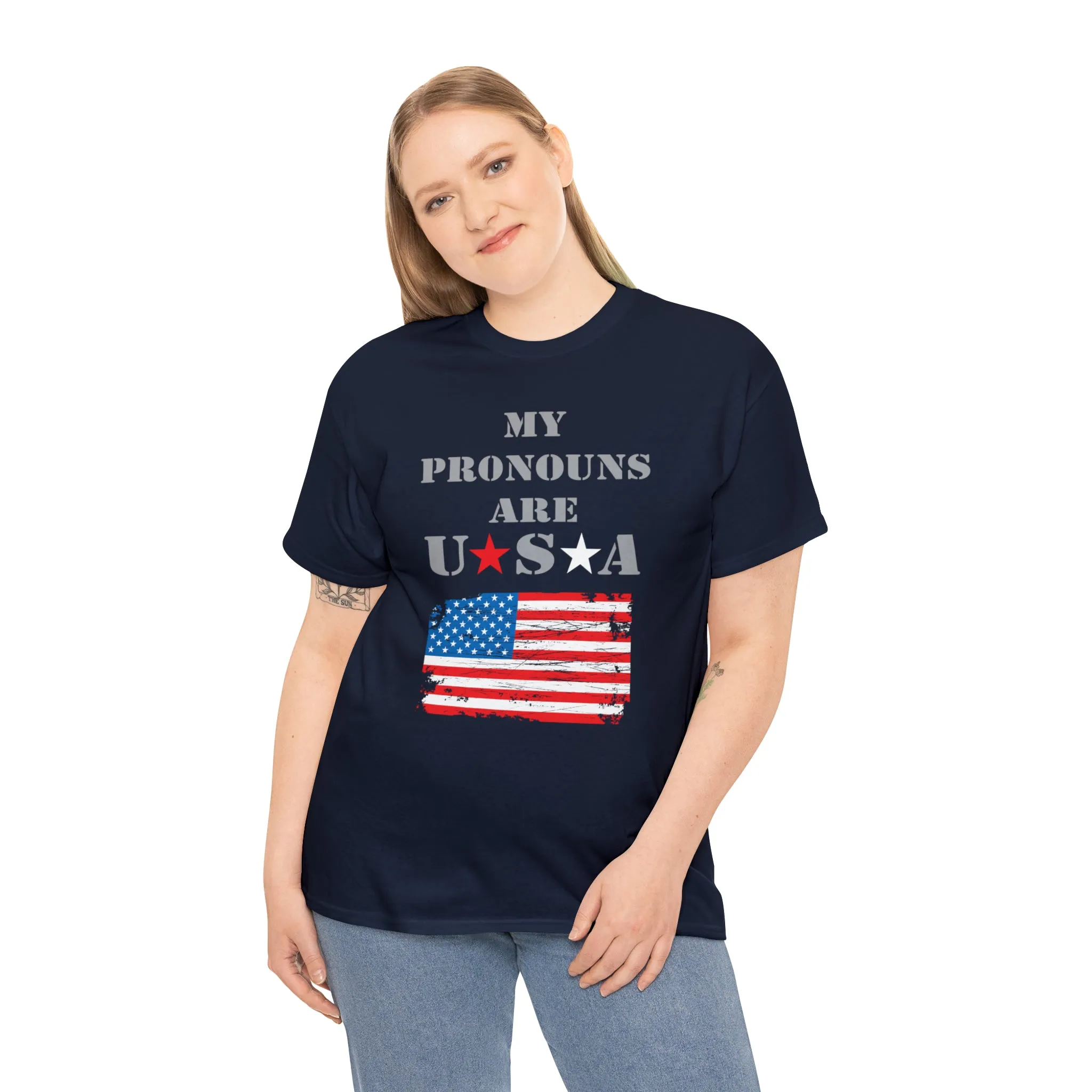 "My Pronouns are USA" in a super comfy heavy cotton t-shirt