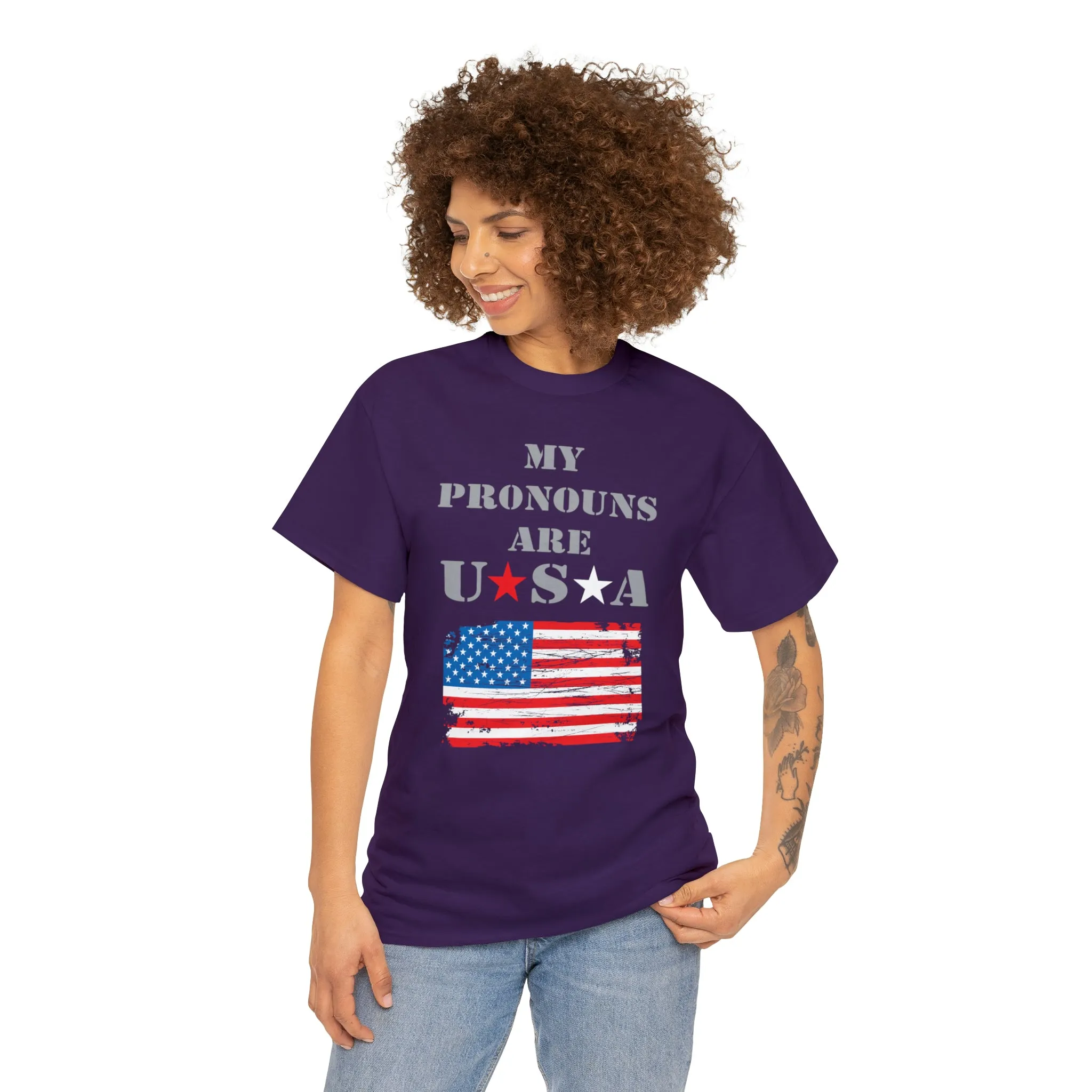 "My Pronouns are USA" in a super comfy heavy cotton t-shirt