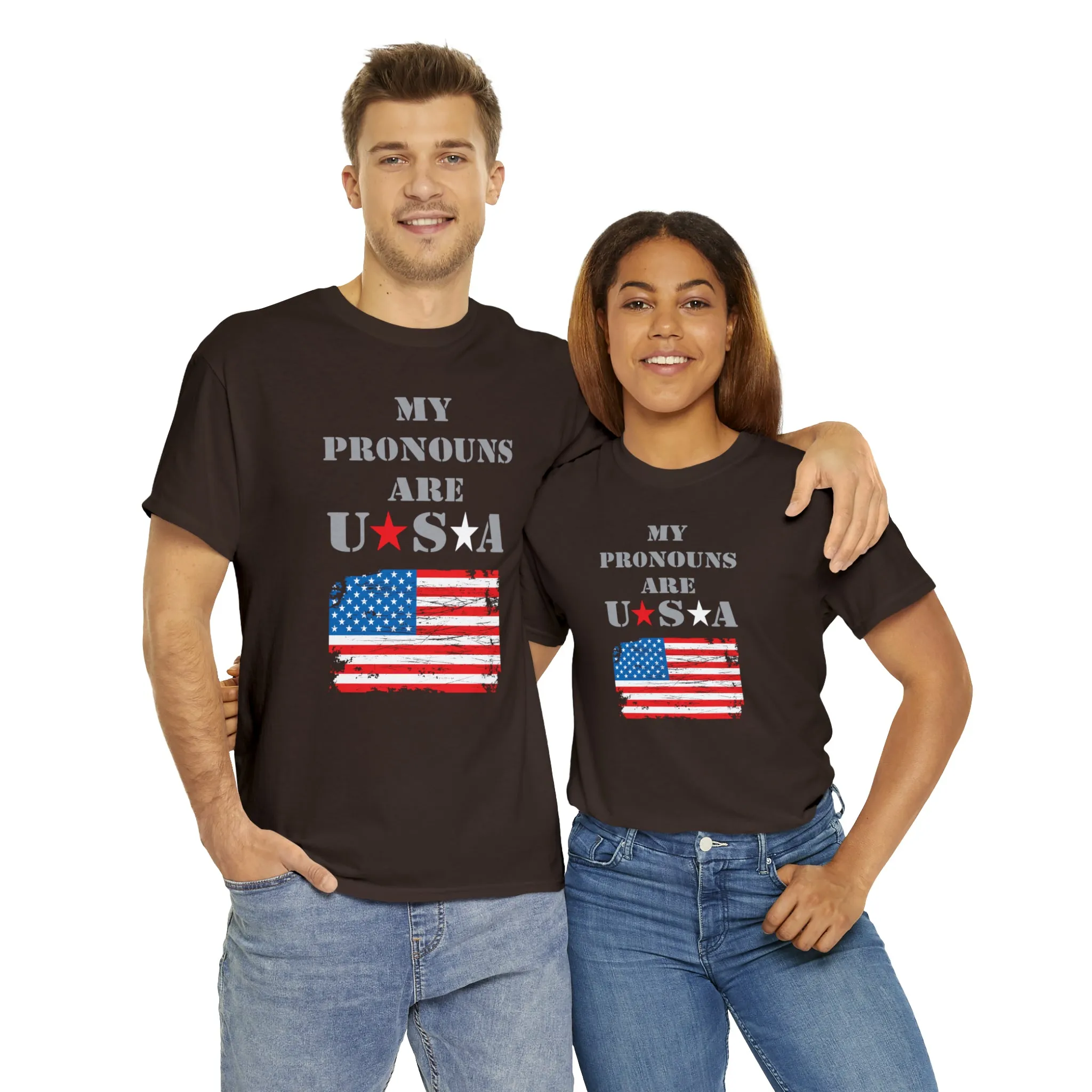 "My Pronouns are USA" in a super comfy heavy cotton t-shirt
