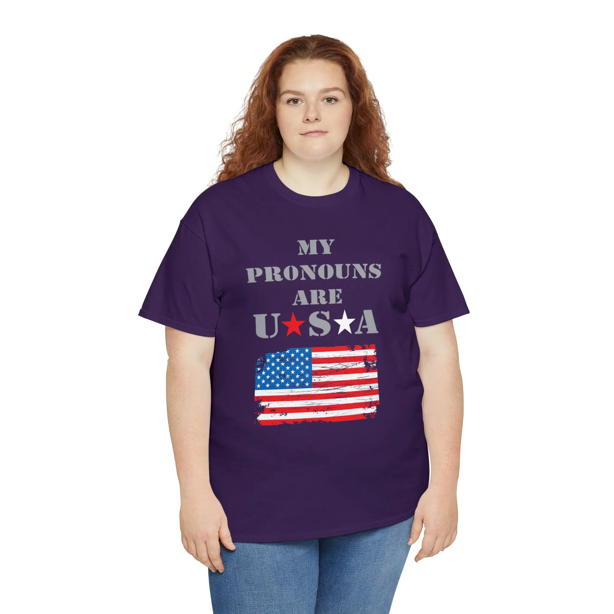 "My Pronouns are USA" in a super comfy heavy cotton t-shirt