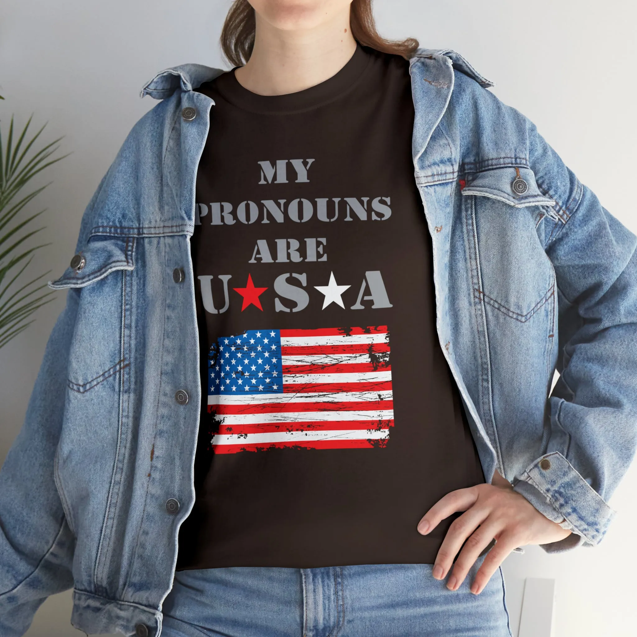 "My Pronouns are USA" in a super comfy heavy cotton t-shirt