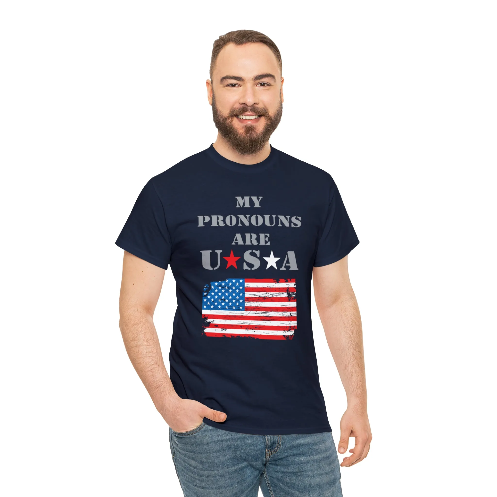 "My Pronouns are USA" in a super comfy heavy cotton t-shirt