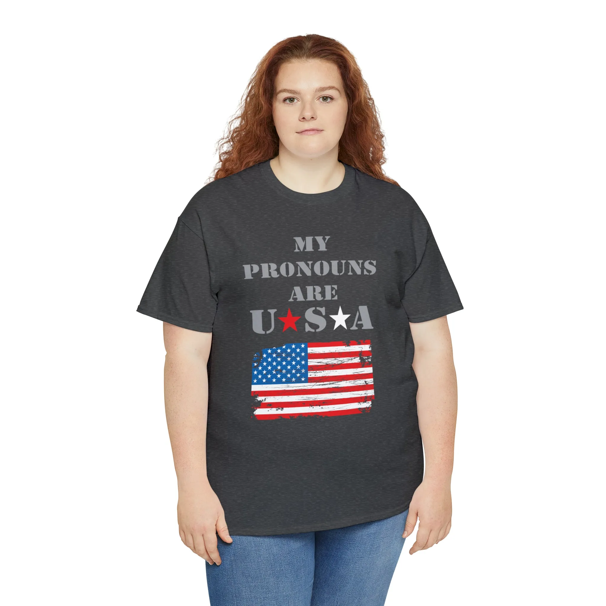 "My Pronouns are USA" in a super comfy heavy cotton t-shirt