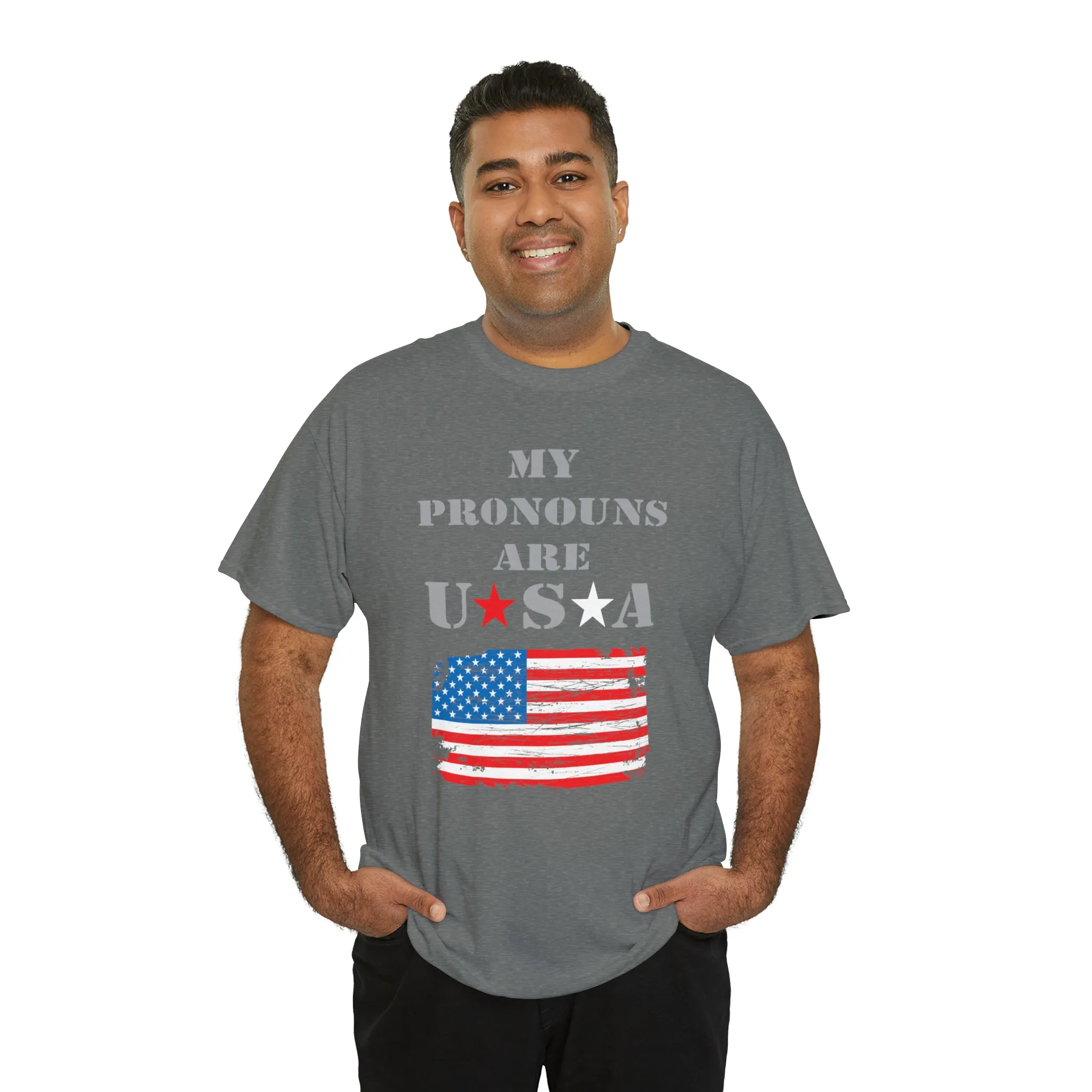 "My Pronouns are USA" in a super comfy heavy cotton t-shirt