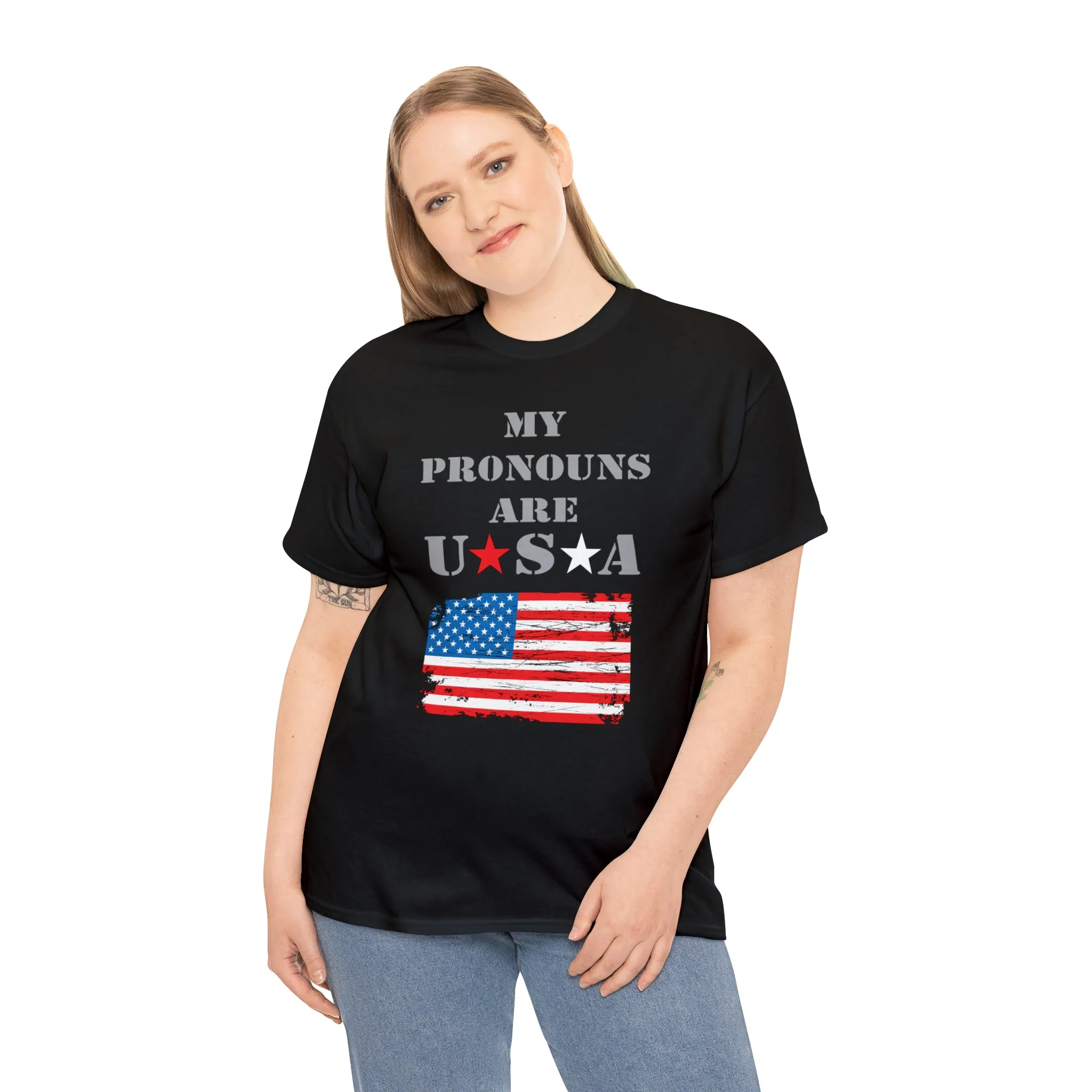 "My Pronouns are USA" in a super comfy heavy cotton t-shirt