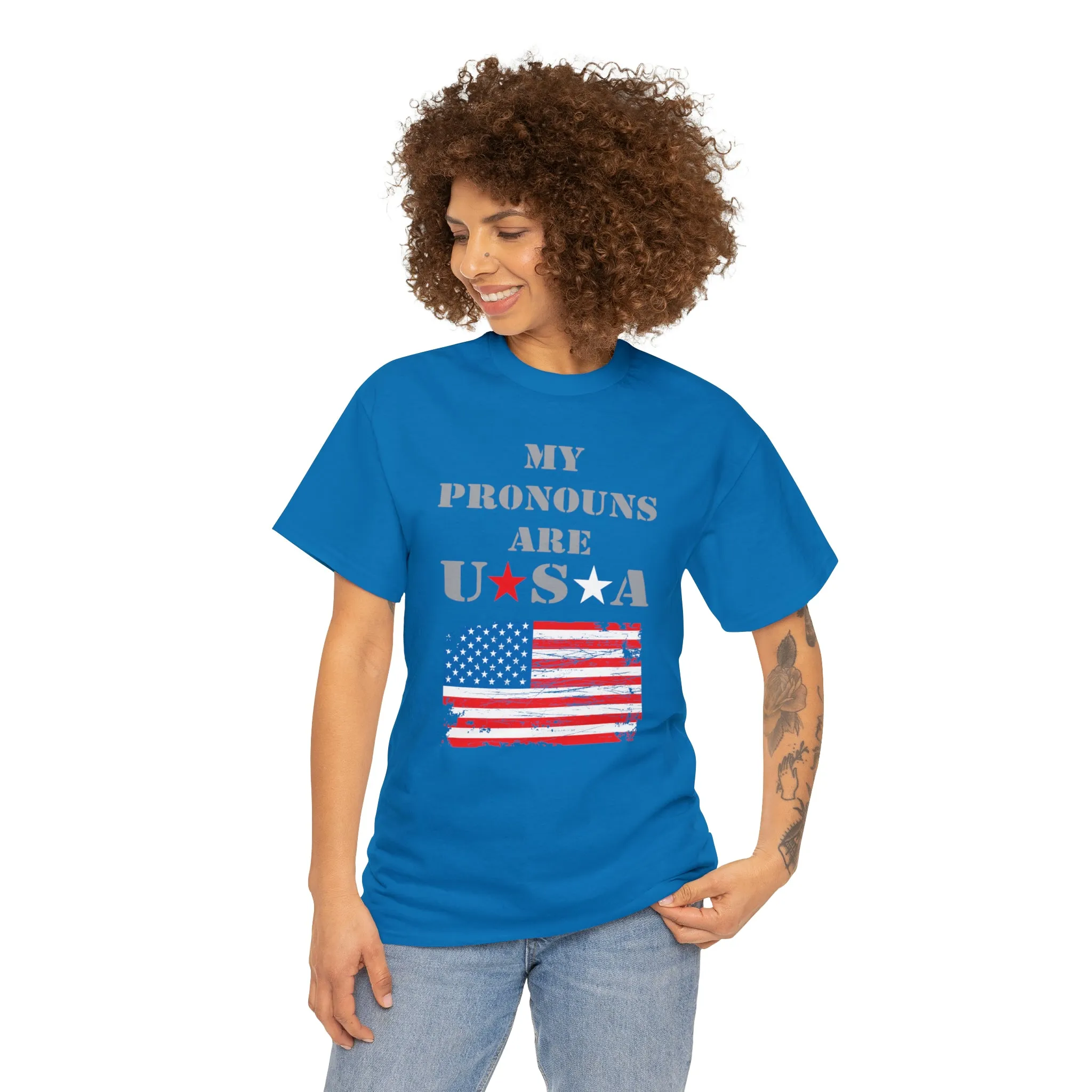 "My Pronouns are USA" in a super comfy heavy cotton t-shirt