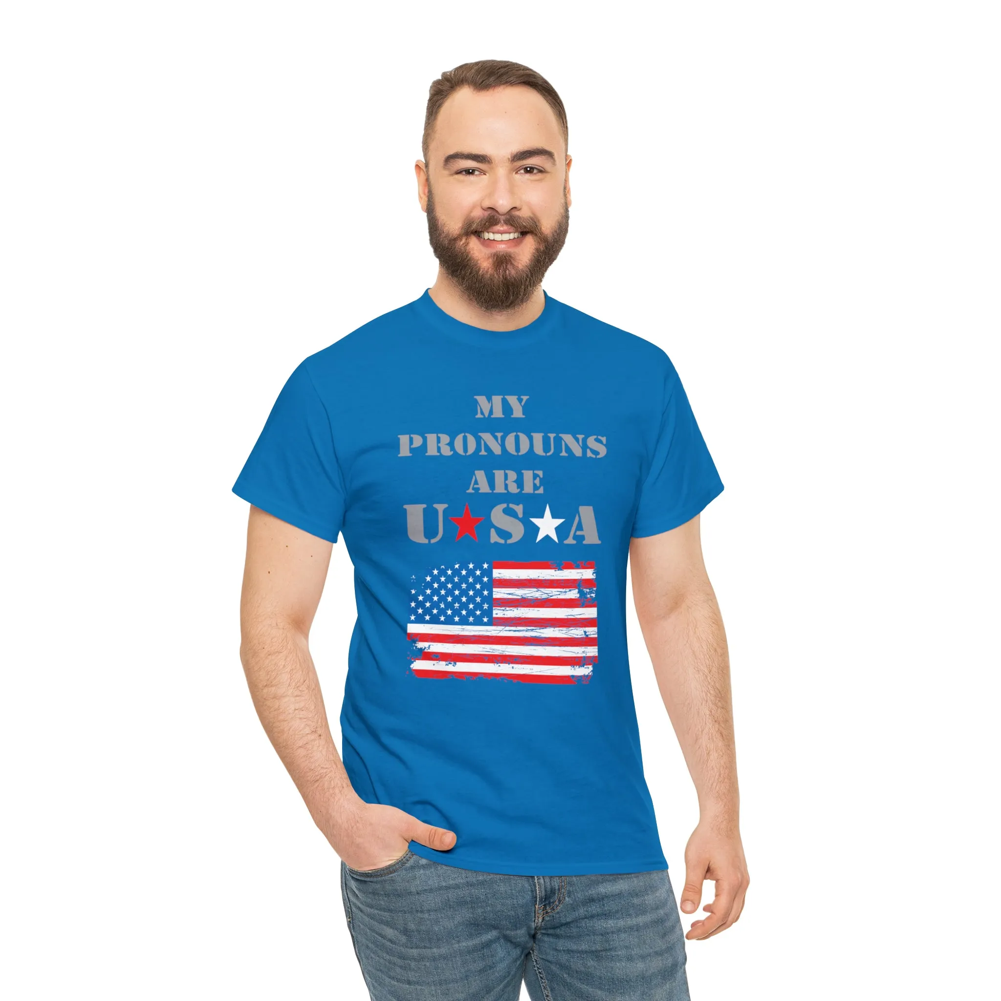 "My Pronouns are USA" in a super comfy heavy cotton t-shirt
