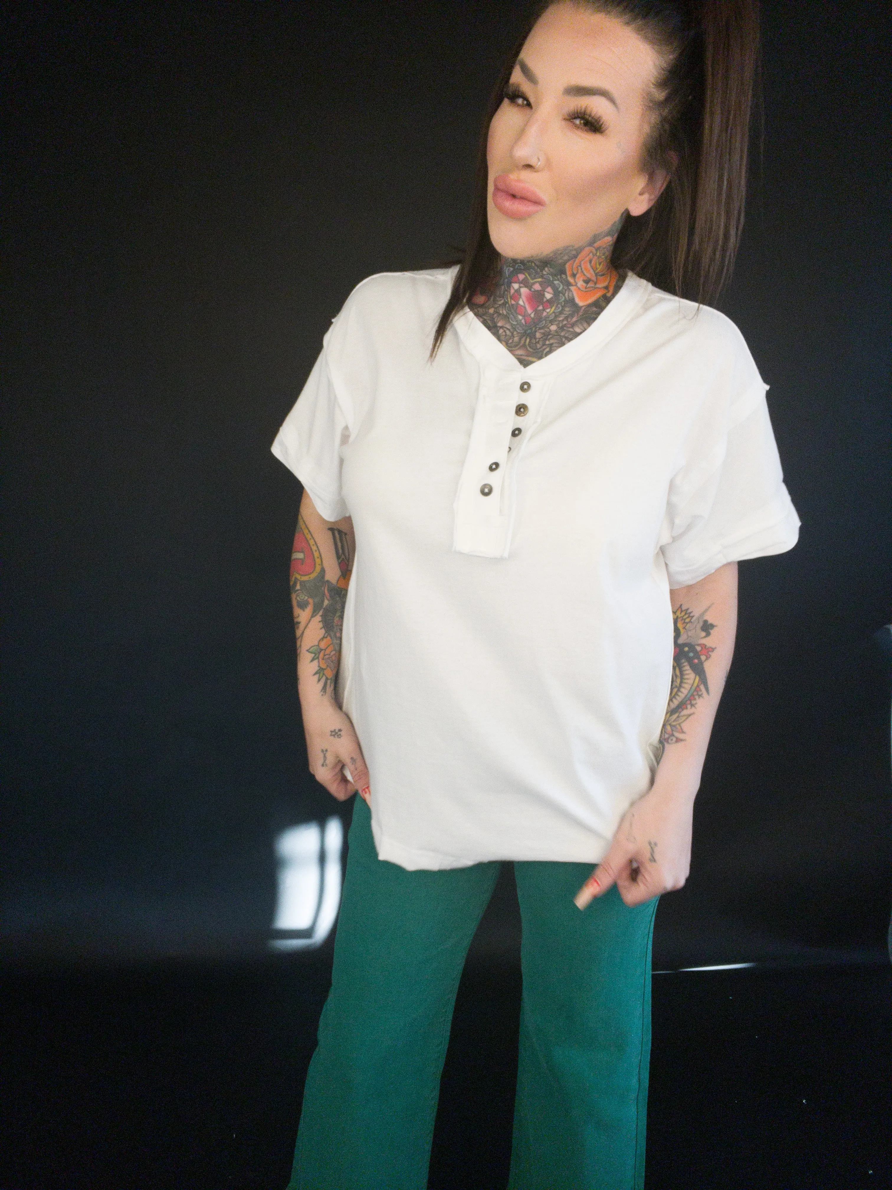 Raw Edge Detailed Button Closure Short Sleeve Top (Multiple Colors)