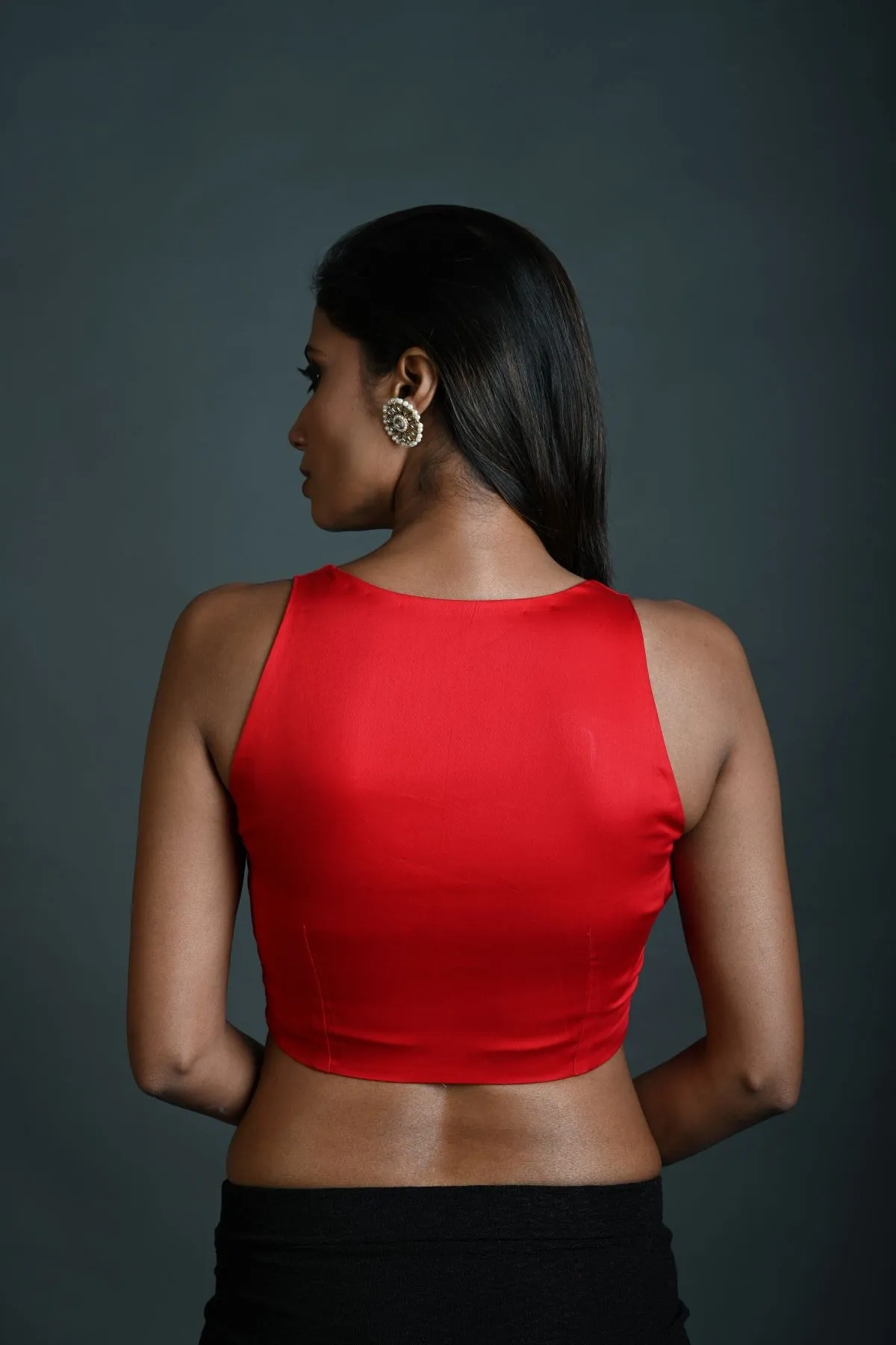 Red Cotton  Sleeveless Blouse with Plunging Sweetheart Neckline