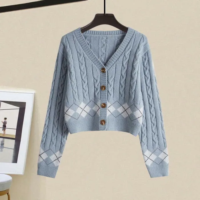 Rhombus Print Sweater Lapel Shirt Denim Pants Set