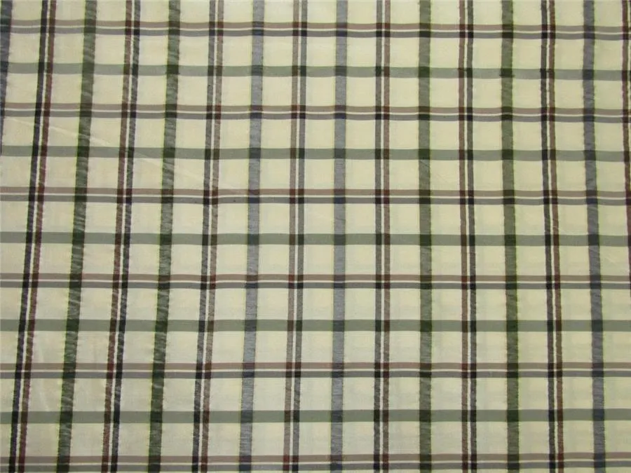 Silk taffeta fabric checks cream/grey black/brown /green 54" wide TAF#C56[3]