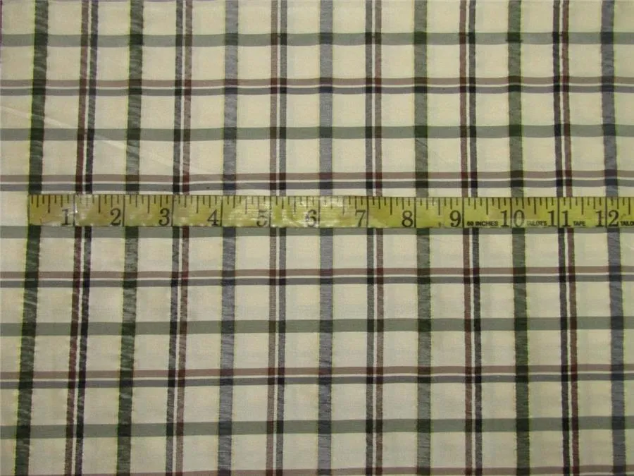 Silk taffeta fabric checks cream/grey black/brown /green 54" wide TAF#C56[3]
