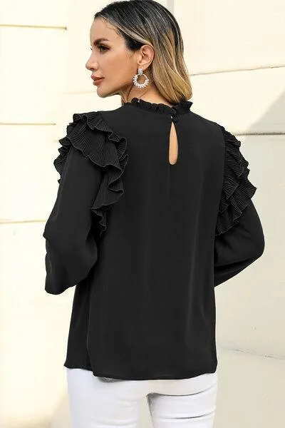 Simple Elegance Black Ruffled Long Sleeve Blouse