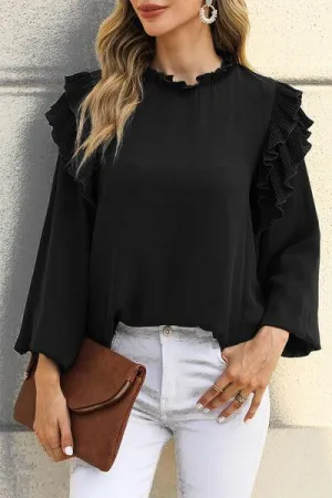 Simple Elegance Black Ruffled Long Sleeve Blouse