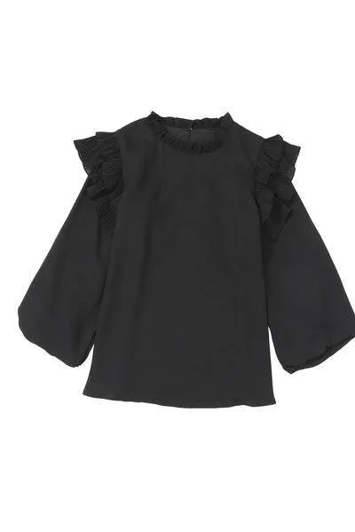 Simple Elegance Black Ruffled Long Sleeve Blouse