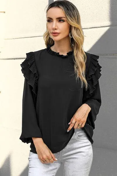 Simple Elegance Black Ruffled Long Sleeve Blouse