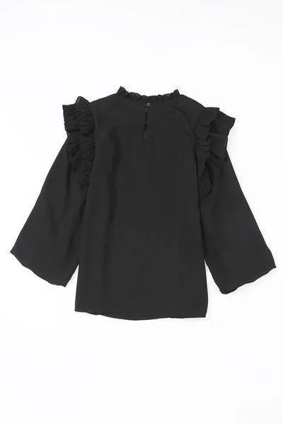 Simple Elegance Black Ruffled Long Sleeve Blouse