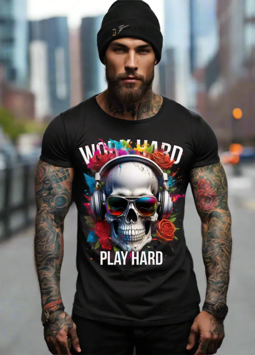 Skull Work Hard Red Roses Art T-Shirts | GM TM