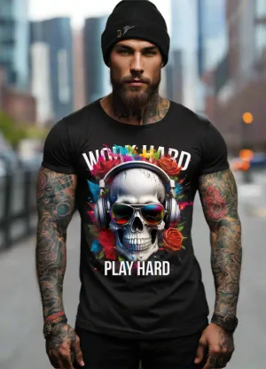 Skull Work Hard Red Roses Art T-Shirts | GM TM