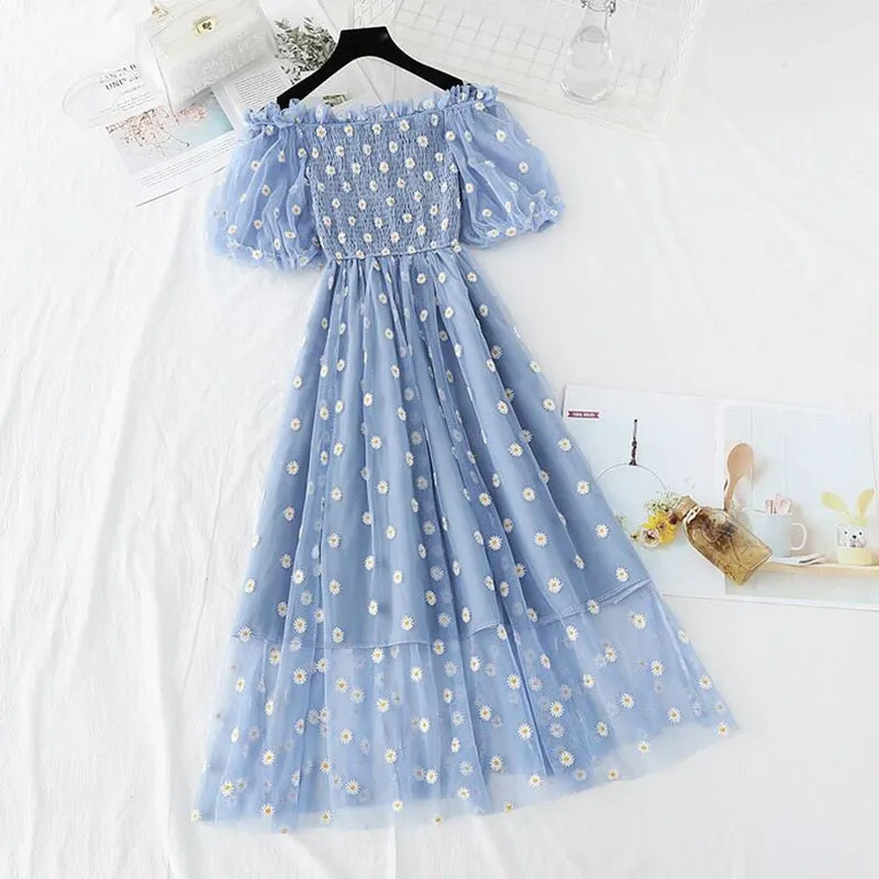 Small Daisies Embroidery Mesh Dresses